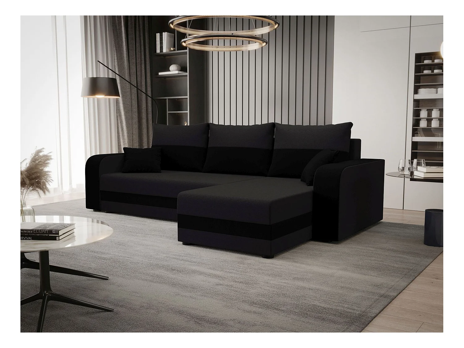 BEDANTE ECKSOFA HEWLET L BIS Sawana 05+14 Rechts Dunkelgrau/Schwarz mit Schlaffunktion L-Form Sofa mit Stauraum Bettkasten
