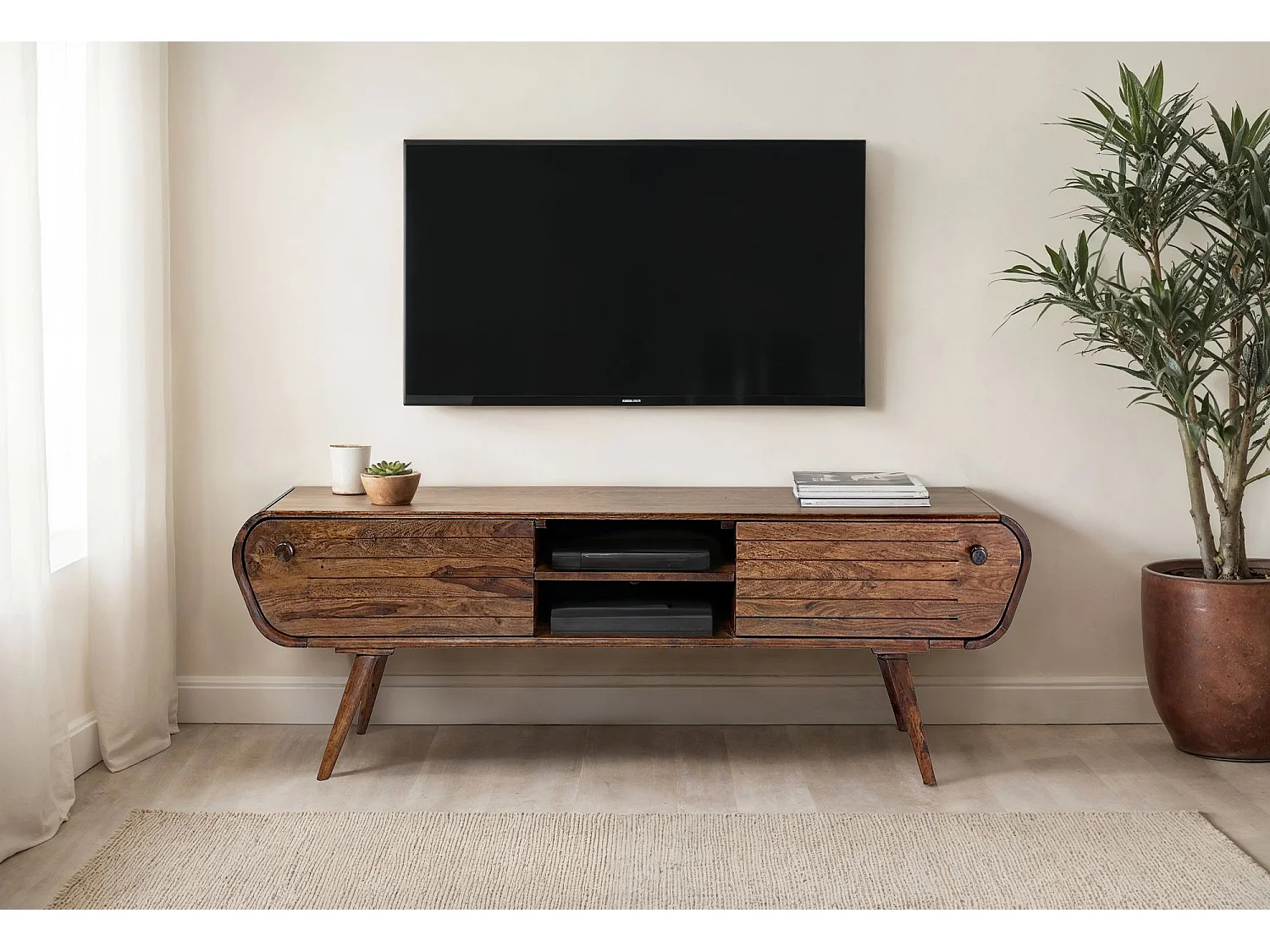 Meuble TV 160 cm Sheesham Massif Tiroirs Compartiments Salon Vintage