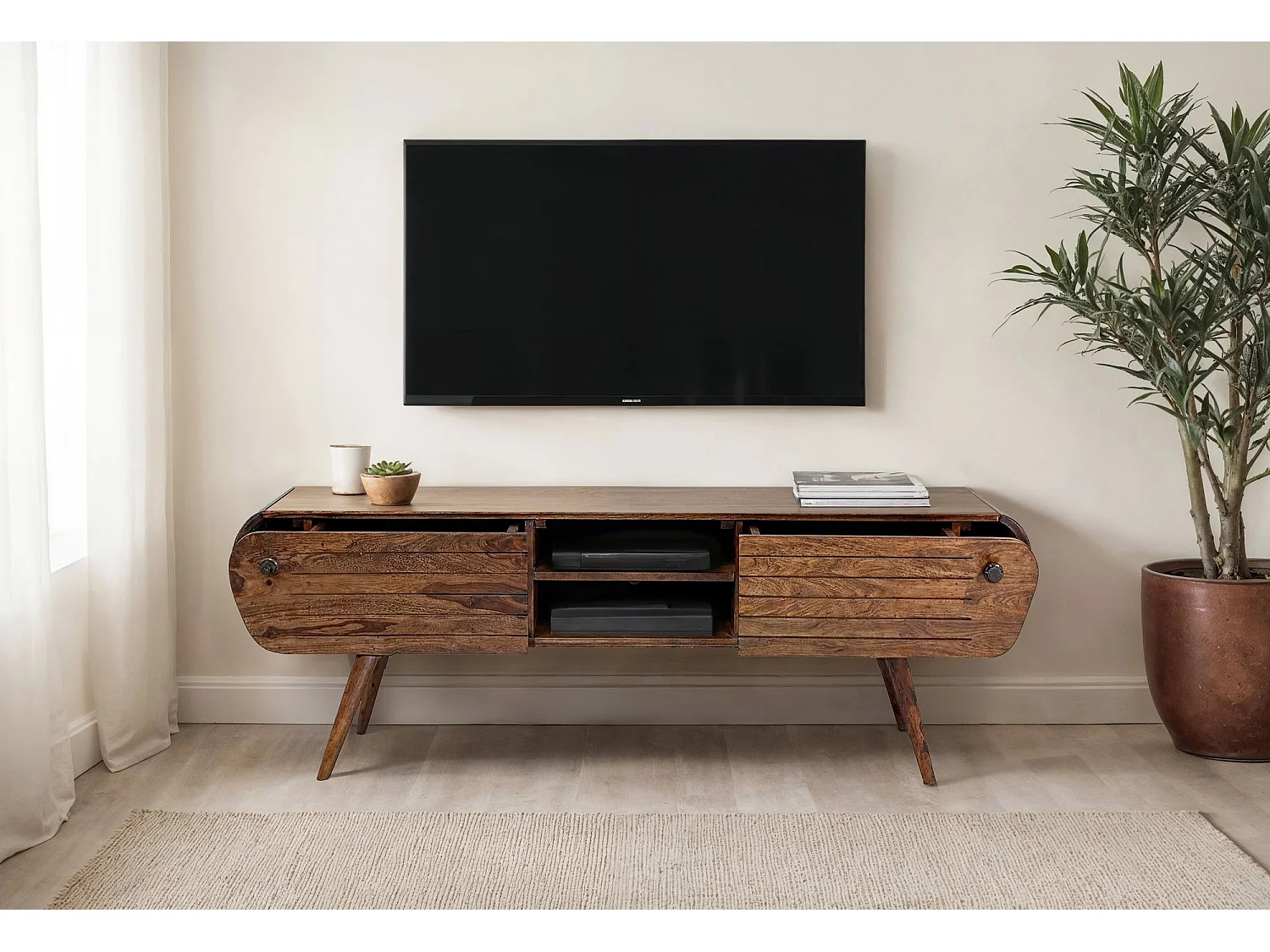 Meuble TV 160 cm Sheesham Massif Tiroirs Compartiments Salon Vintage