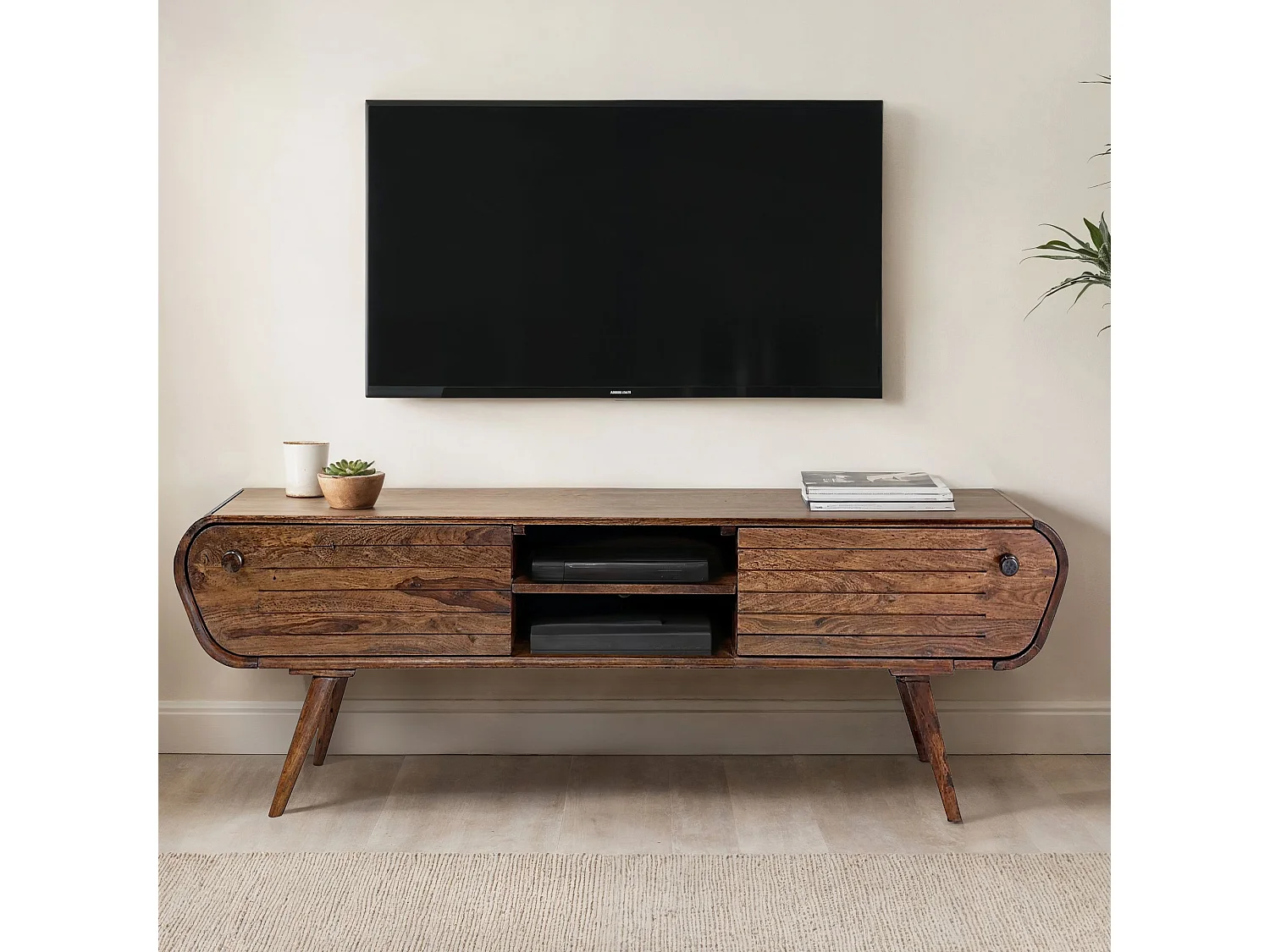 Meuble TV 160 cm Sheesham Massif Tiroirs Compartiments Salon Vintage