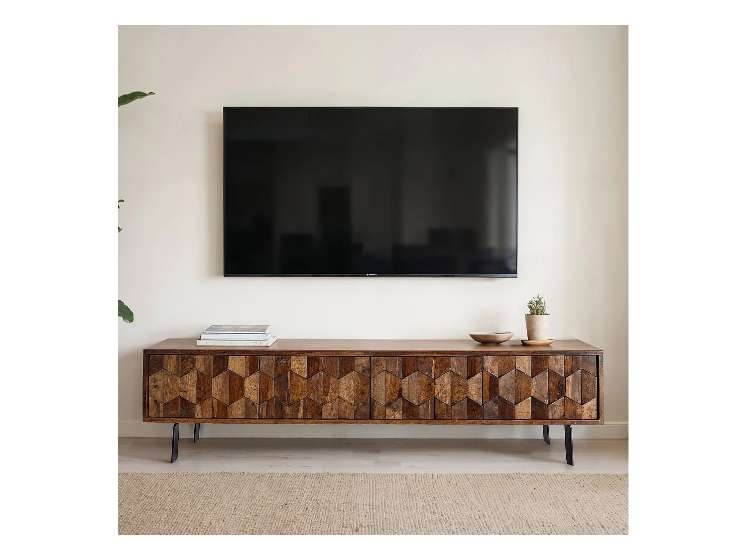 Meuble TV 160 cm Bois Sheesham Massif Design 4 Portes Métal Noir