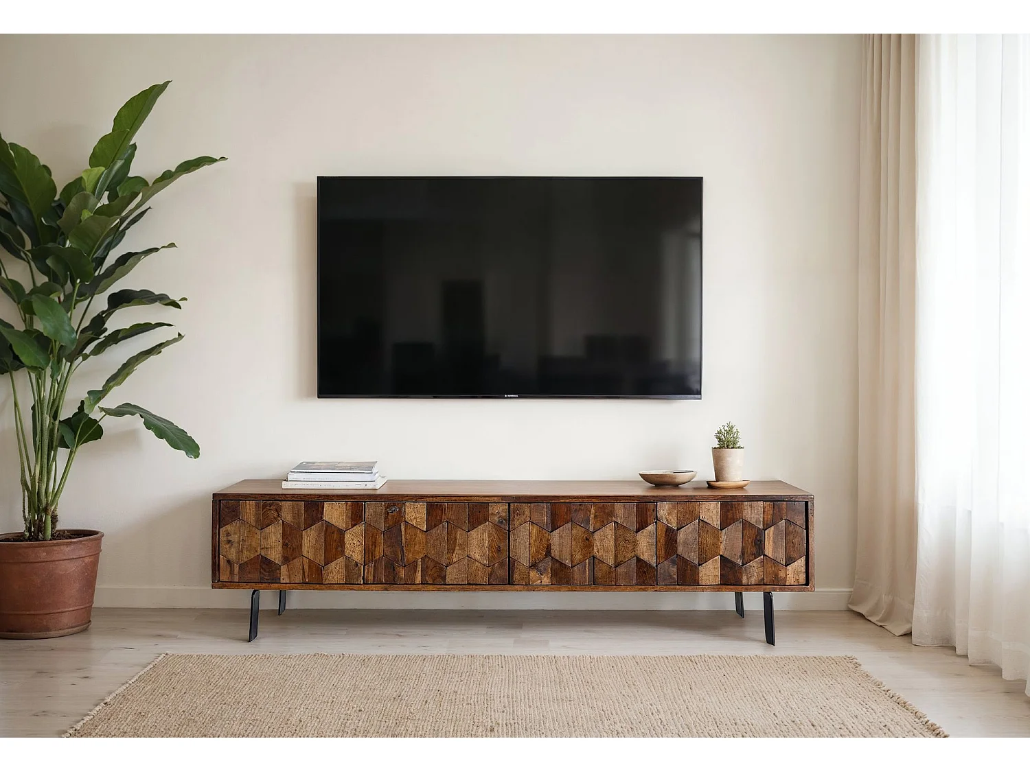 Meuble TV 160 cm Bois Sheesham Massif Design 4 Portes Métal Noir