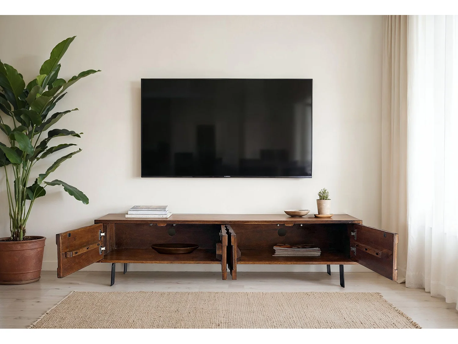 Meuble TV 160 cm Bois Sheesham Massif Design 4 Portes Métal Noir