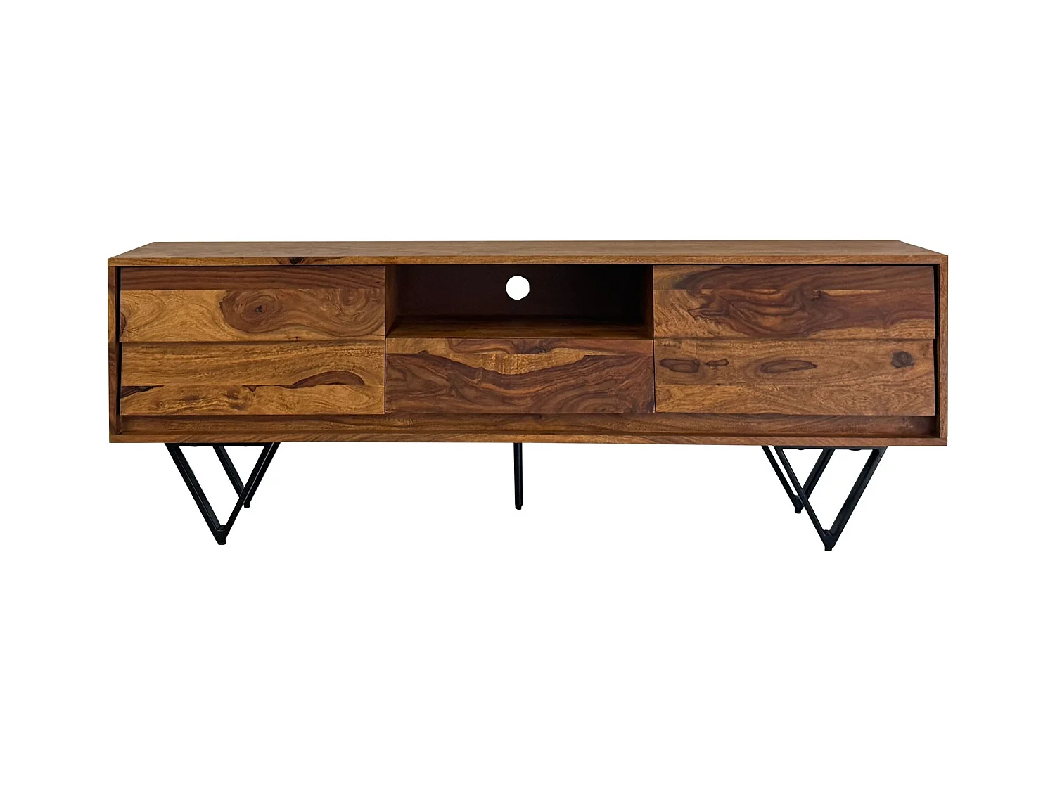 Meuble TV Sheesham 160 cm Bois Massif Pieds Métal Style Industriel