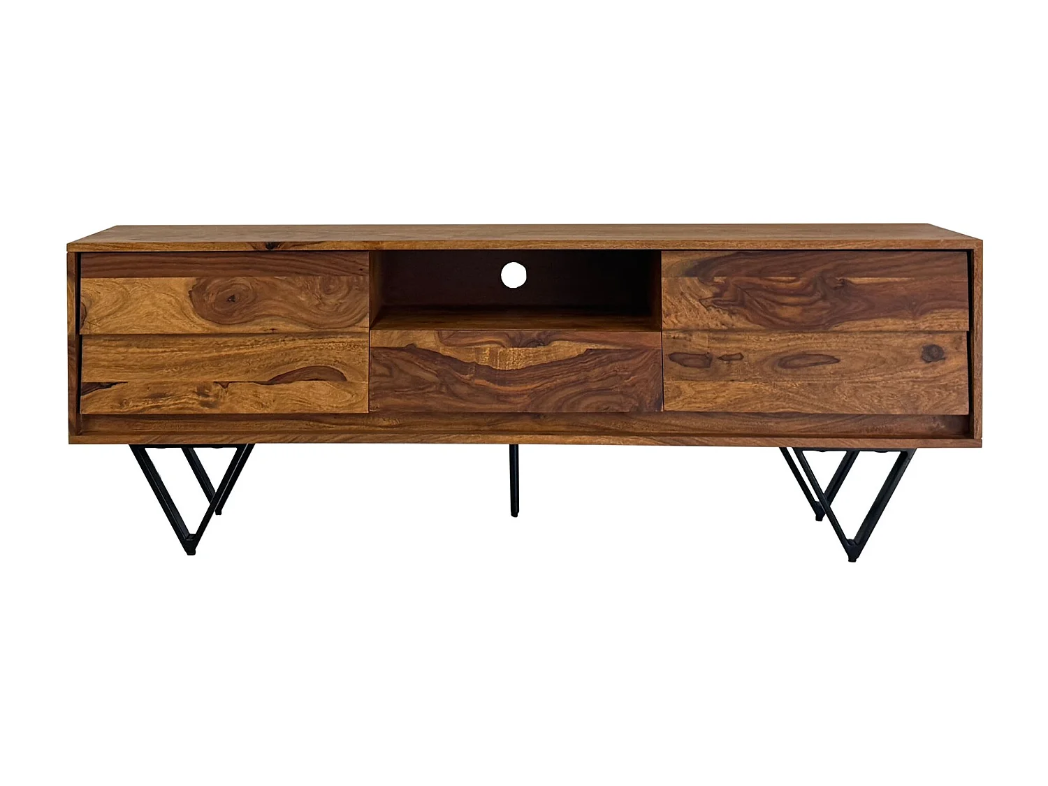 Meuble TV Sheesham 160 cm Bois Massif Pieds Métal Style Industriel