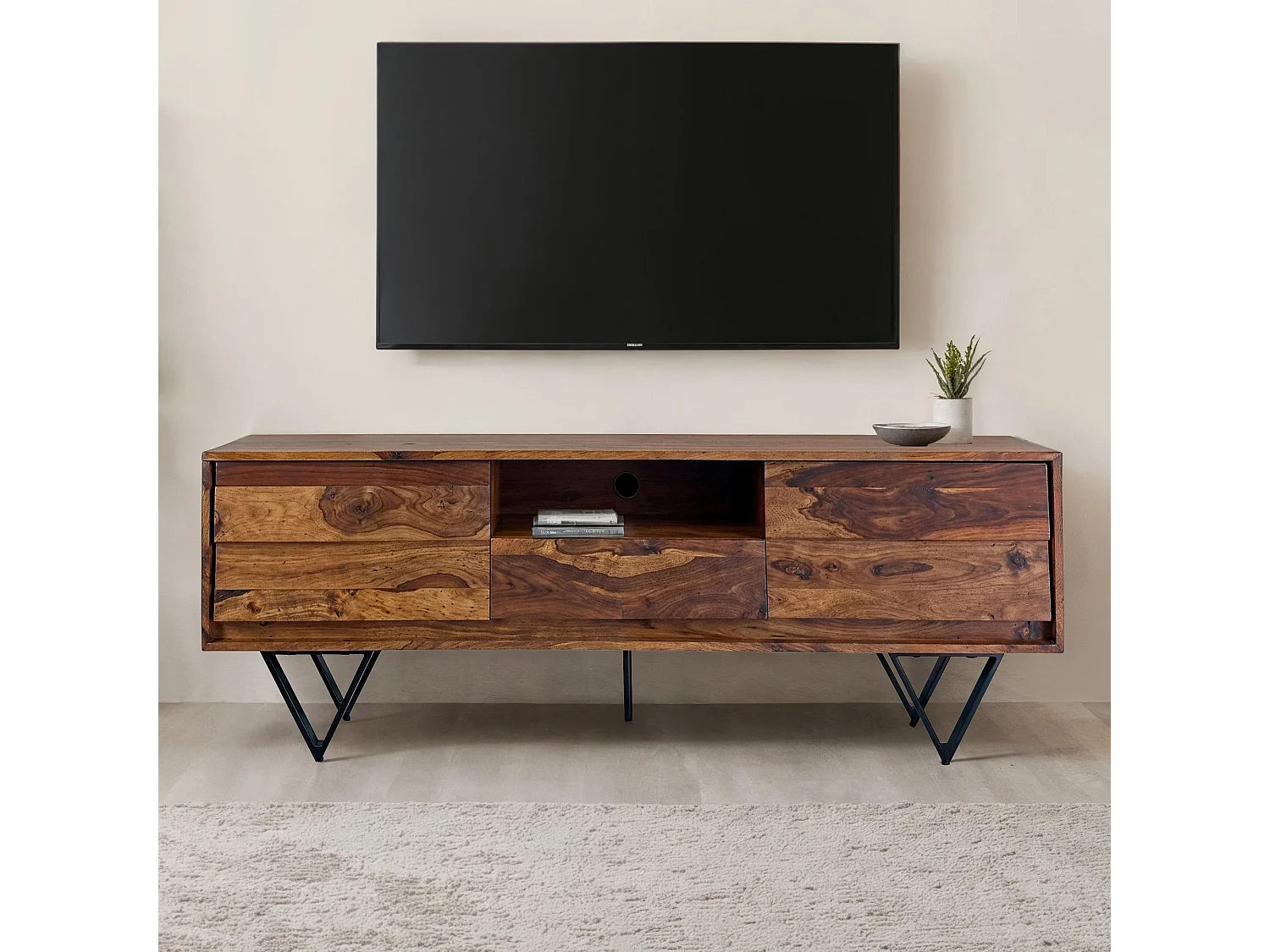 Meuble TV Sheesham 160 cm Bois Massif Pieds Métal Style Industriel