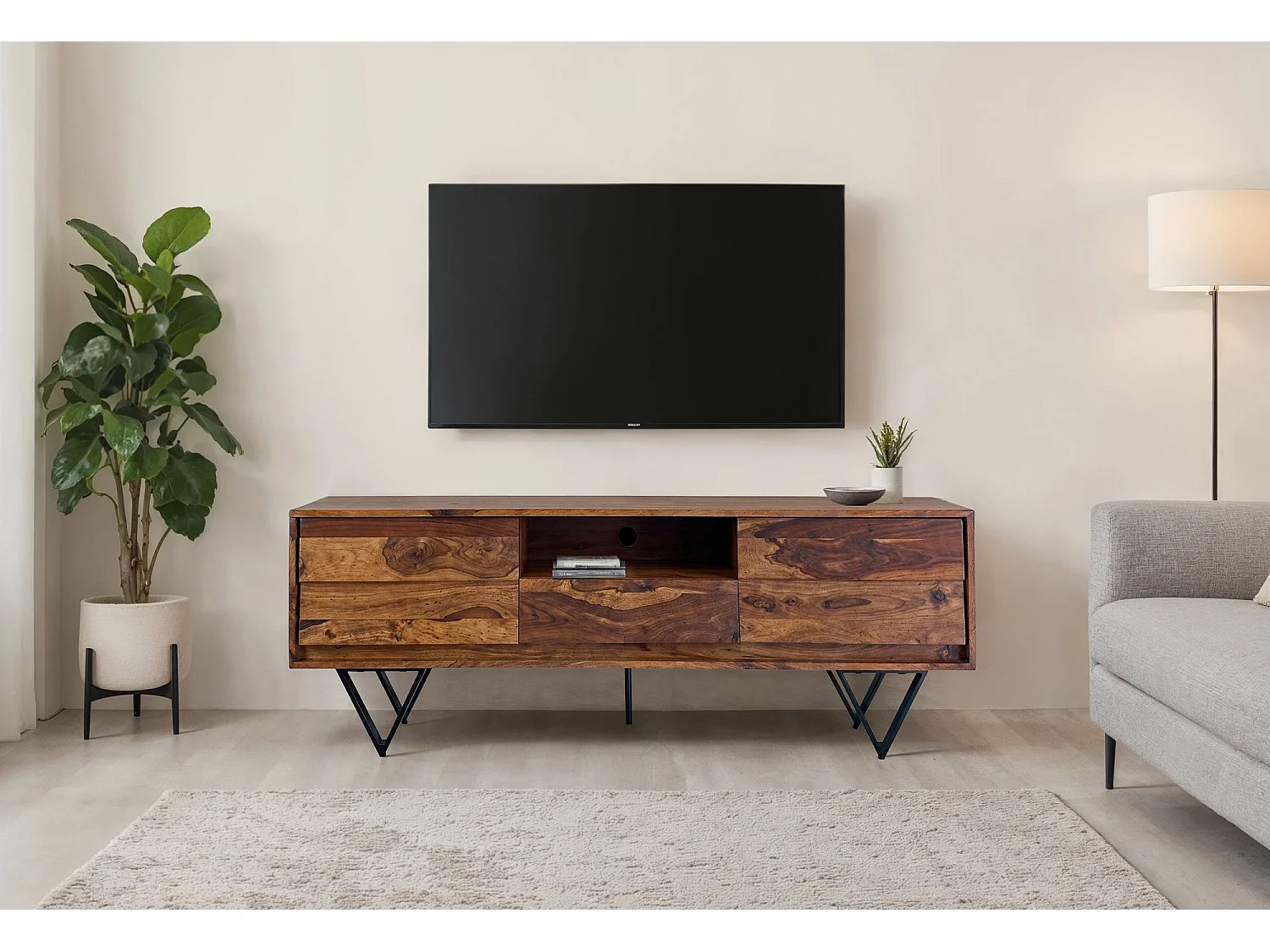 Meuble TV Sheesham 160 cm Bois Massif Pieds Métal Style Industriel
