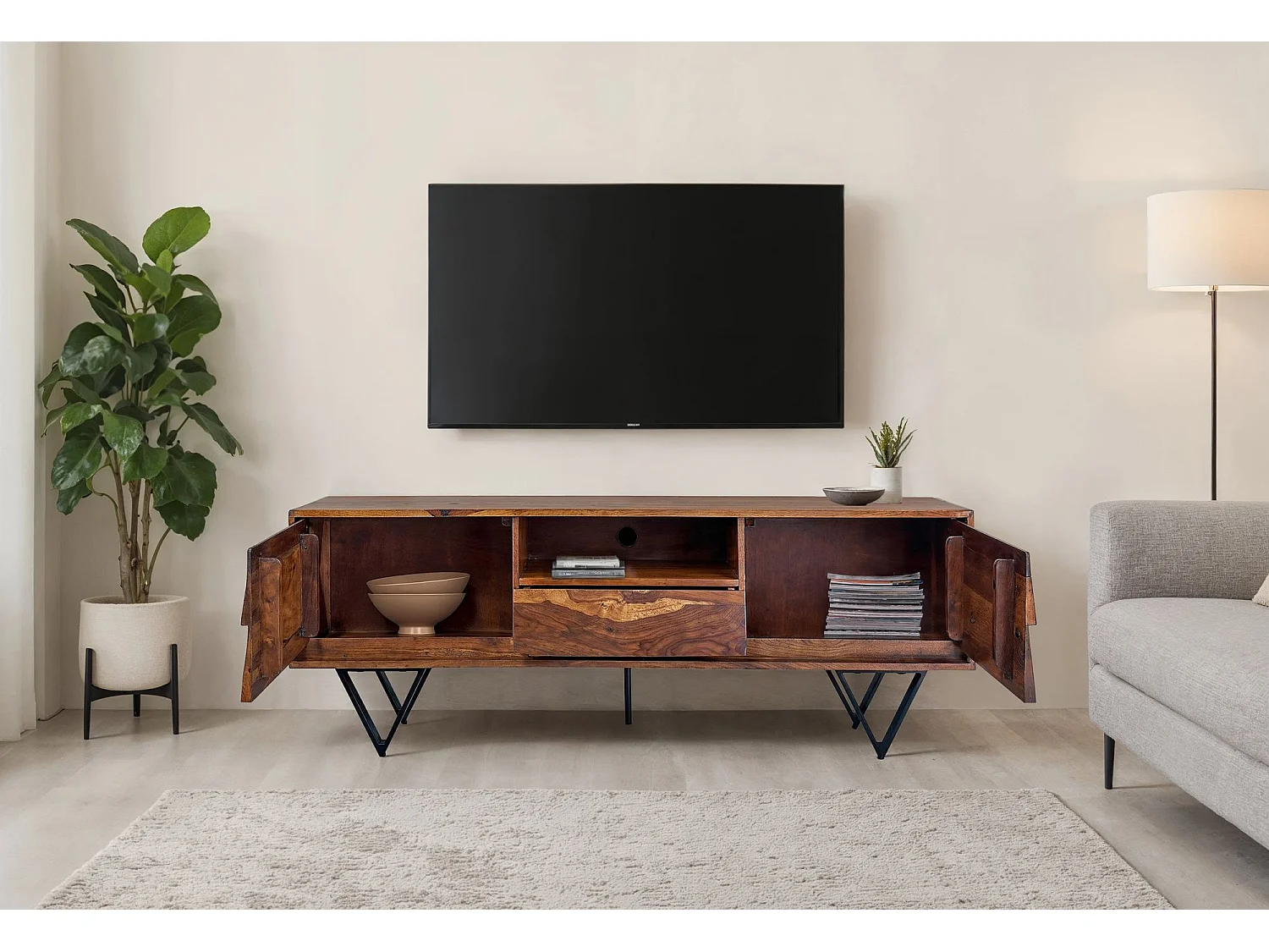 Meuble TV Sheesham 160 cm Bois Massif Pieds Métal Style Industriel