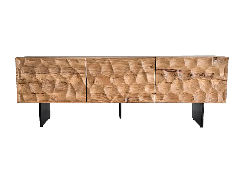 Meuble TV bois massif acacia 160 cm 3 portes design pieds métal moderne