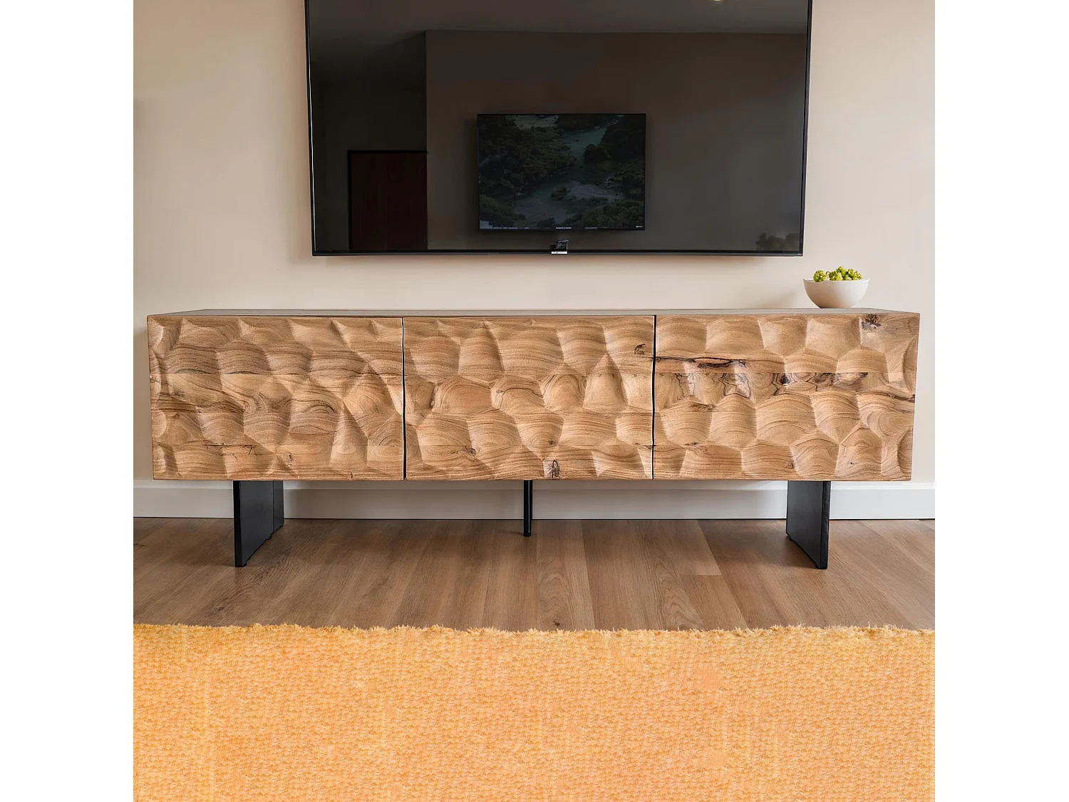 Meuble TV bois massif acacia 160 cm 3 portes design pieds métal moderne