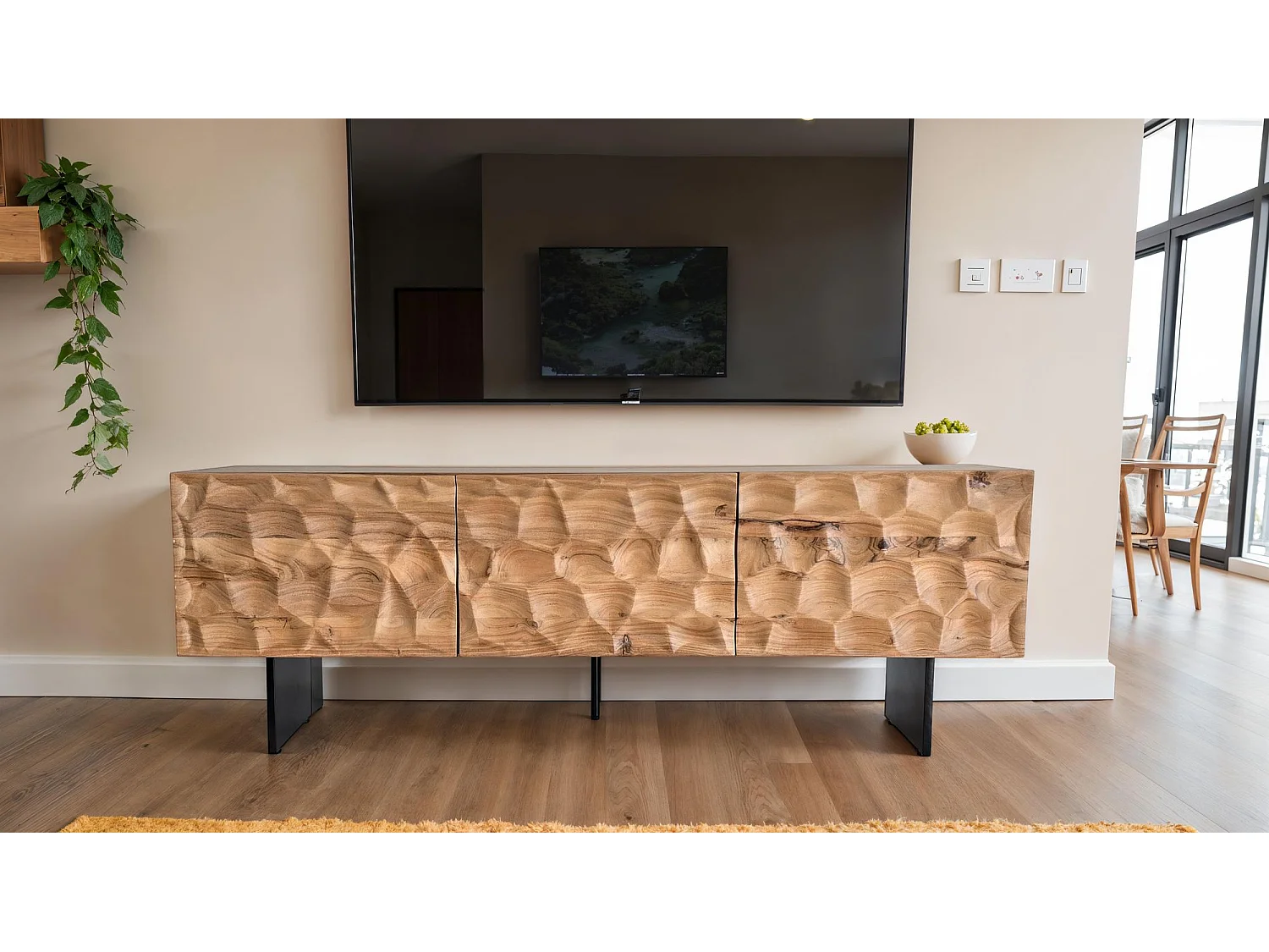 Meuble TV bois massif acacia 160 cm 3 portes design pieds métal moderne