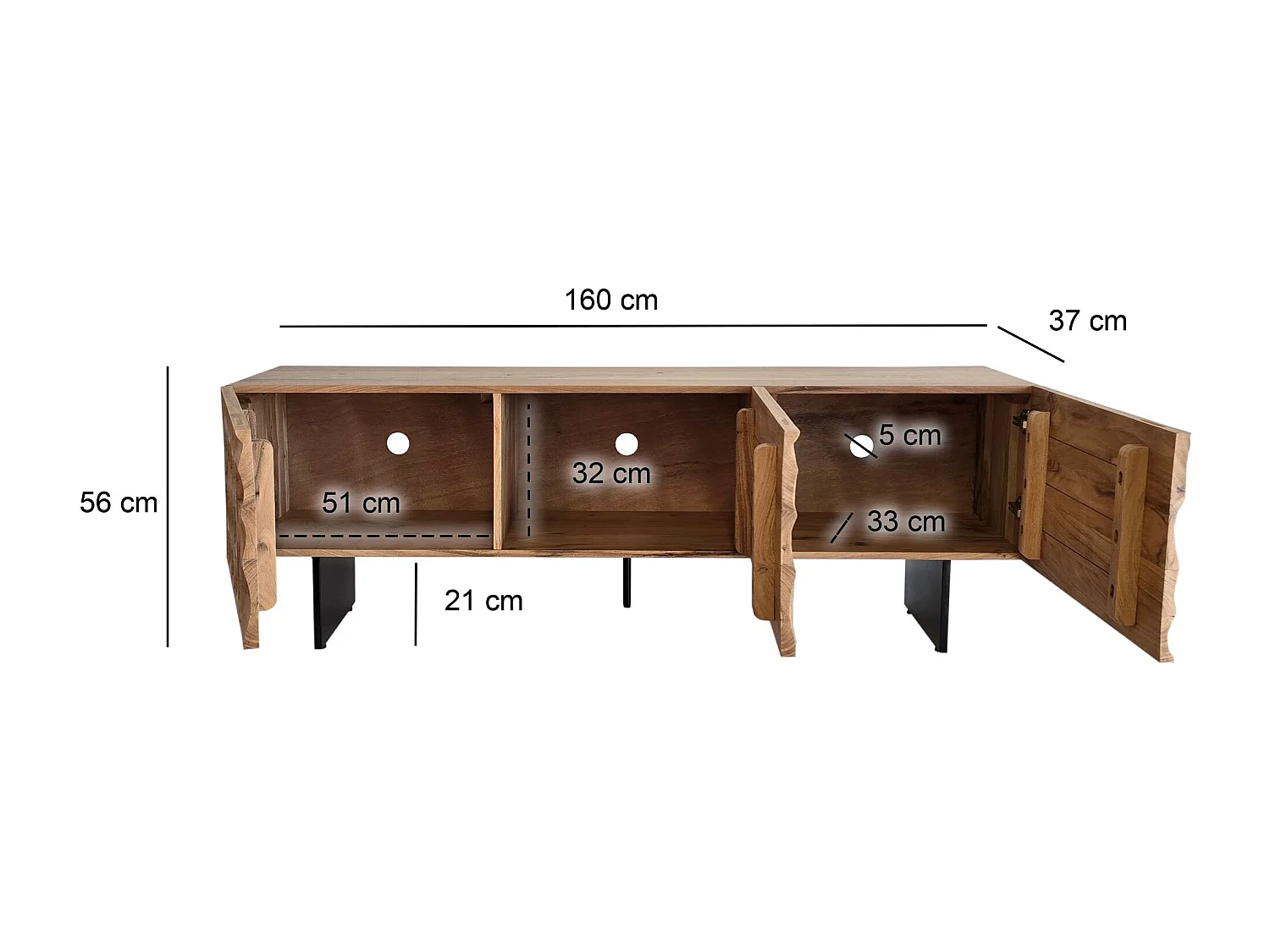 Meuble TV bois massif acacia 160 cm 3 portes design pieds métal moderne