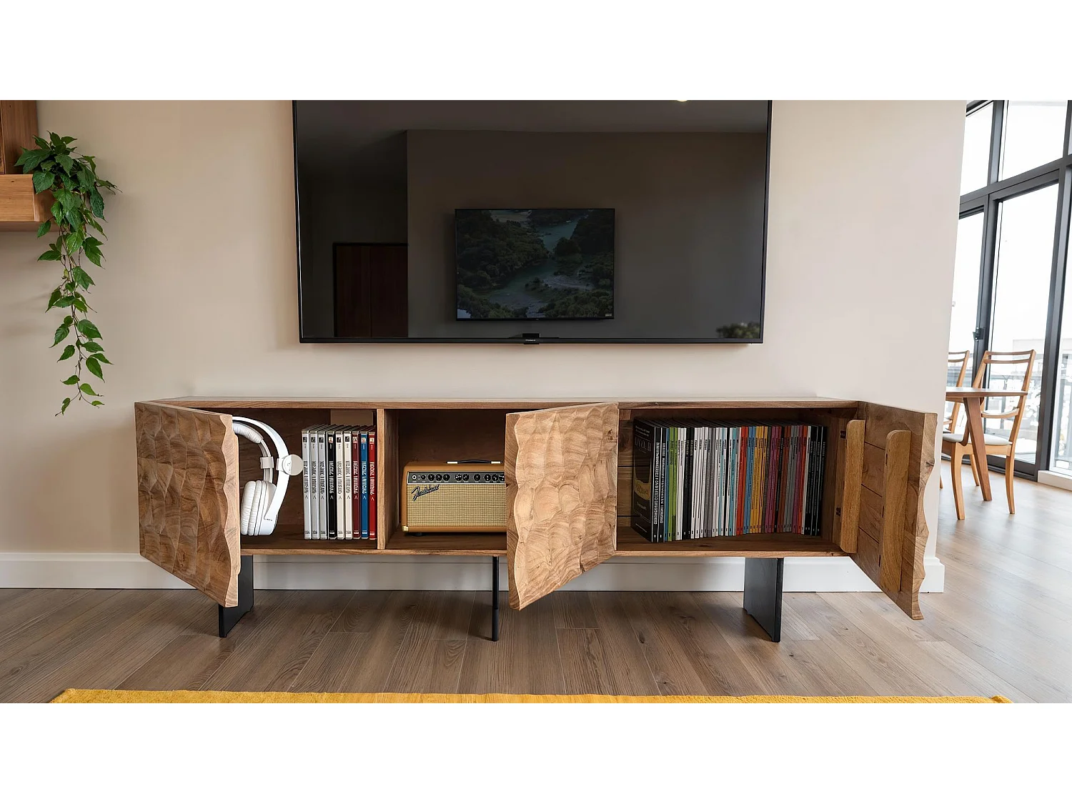 Meuble TV bois massif acacia 160 cm 3 portes design pieds métal moderne