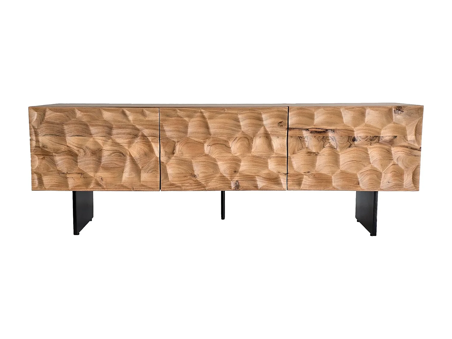 Meuble TV bois massif acacia 160 cm 3 portes design pieds métal moderne