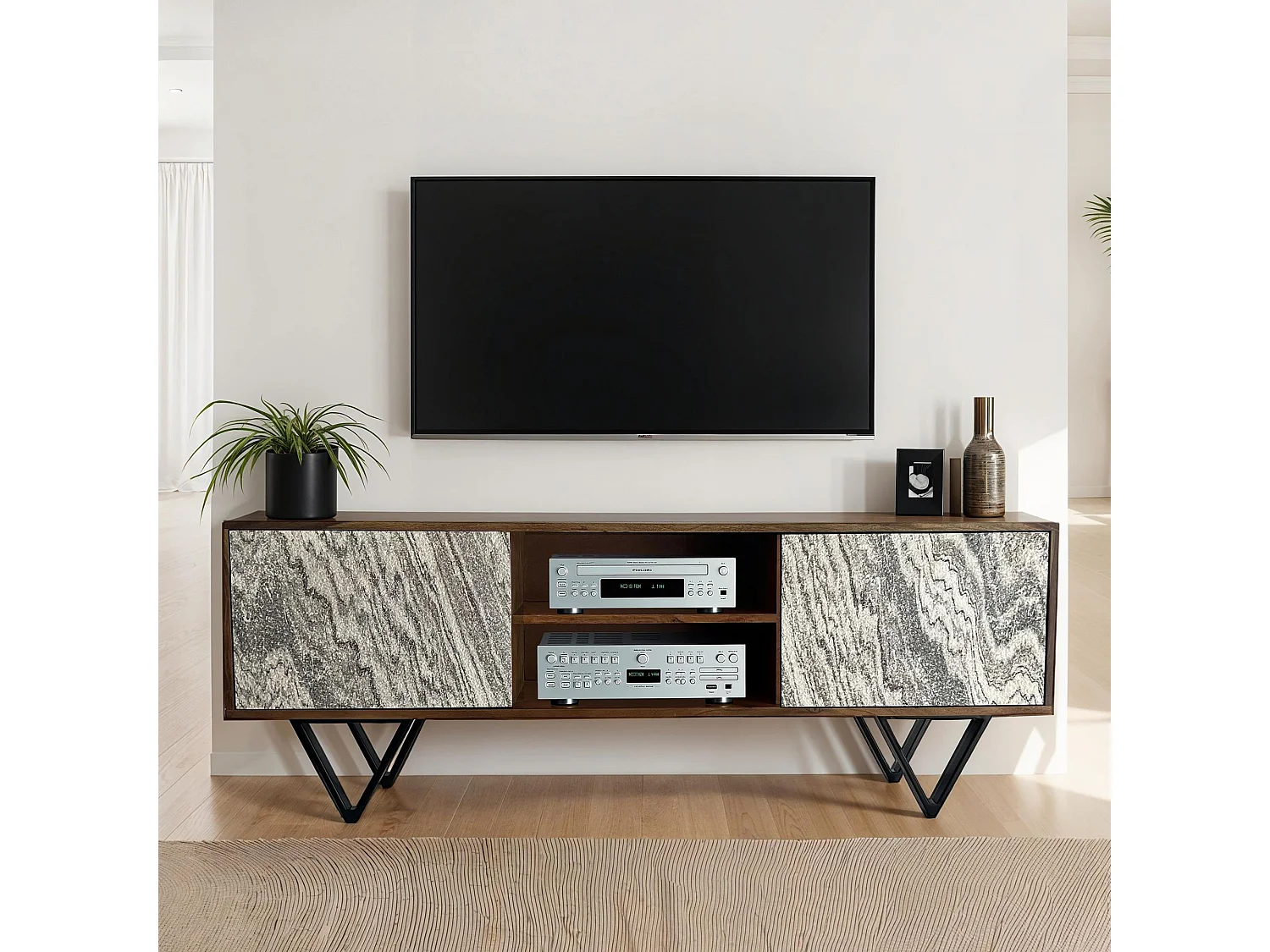 Meuble TV lowboard 150 cm en bois massif sheesham aspect pierre blanche