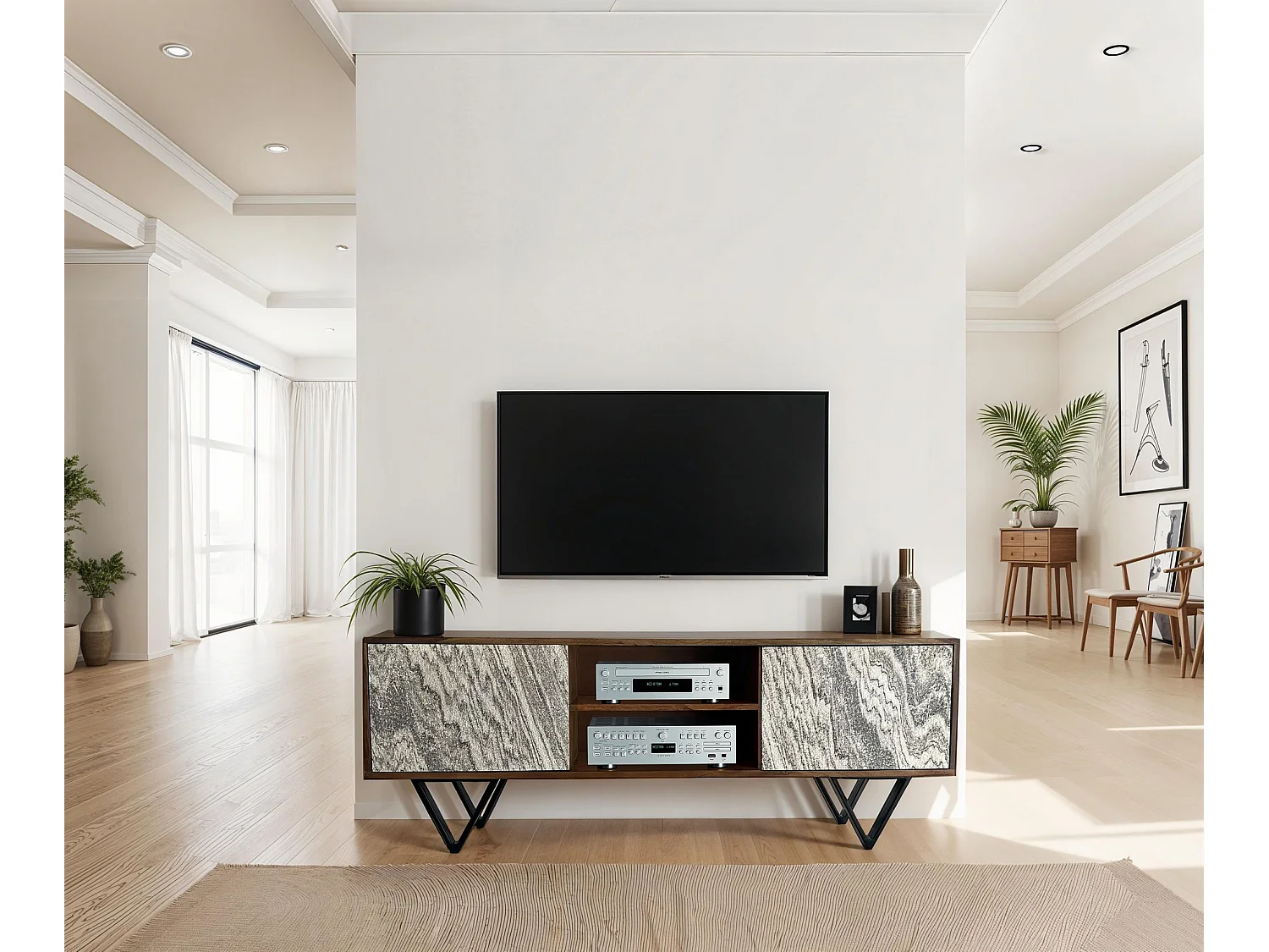 Meuble TV lowboard 150 cm en bois massif sheesham aspect pierre blanche