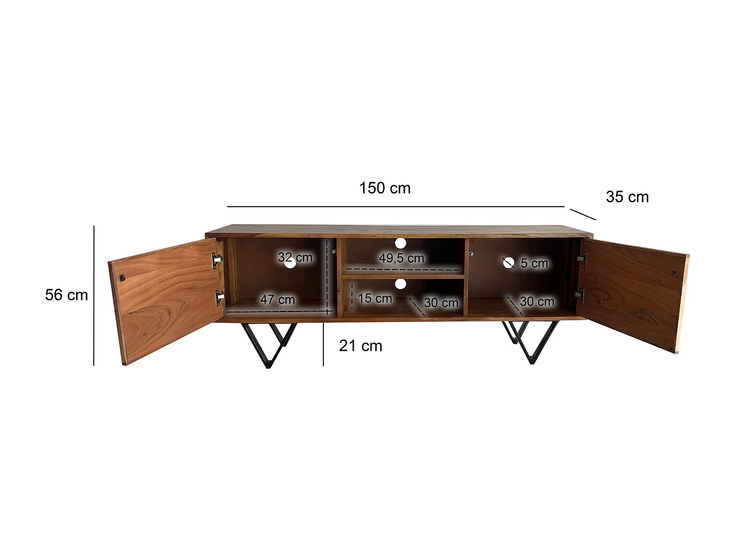 Meuble TV lowboard 150 cm en bois massif sheesham aspect pierre blanche