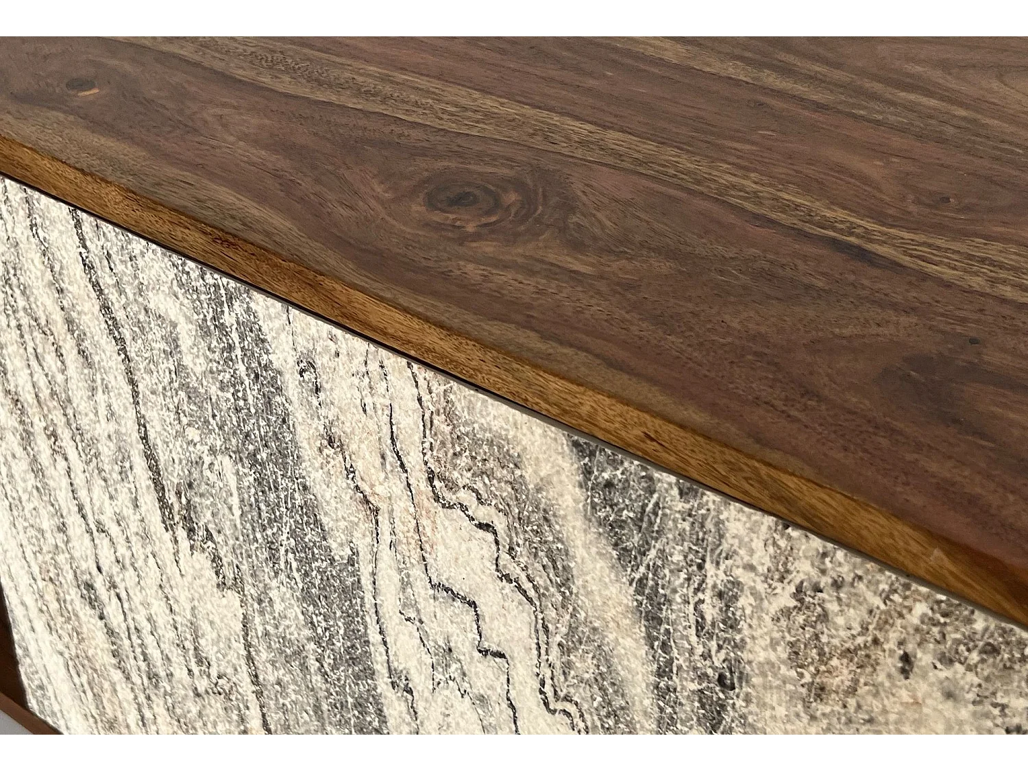 Meuble TV lowboard 150 cm en bois massif sheesham aspect pierre blanche