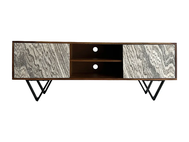 Meuble TV lowboard 150 cm en bois massif sheesham aspect pierre blanche