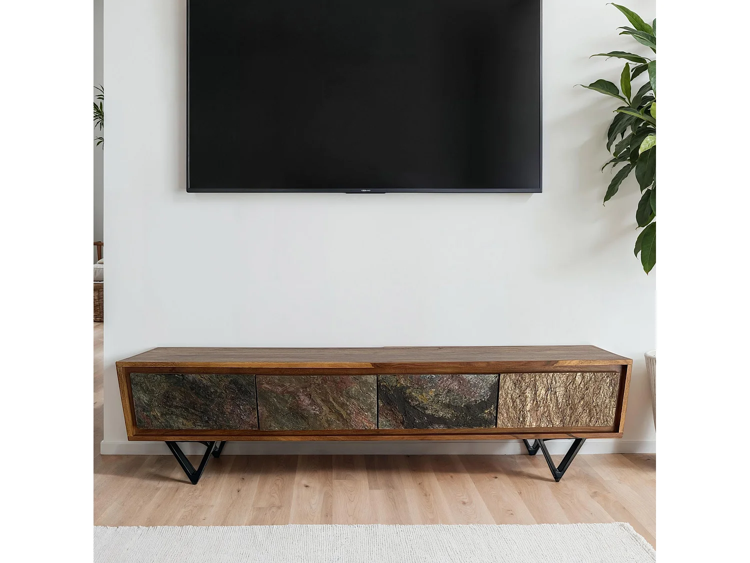 Meuble TV Sheesham 160 cm Bois Massif Métal Noir Style Industriel