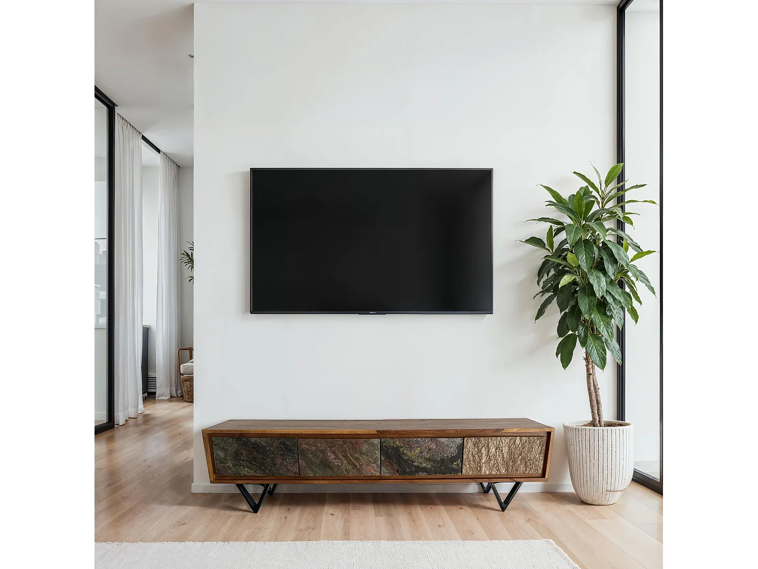 Meuble TV Sheesham 160 cm Bois Massif Métal Noir Style Industriel