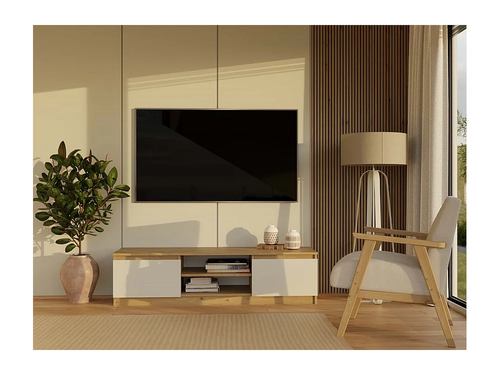 TIVOLI - Meuble TV style moderne beige - 140x40x36cm - 2 niches + 2 portes - Rangement matériel télé/audio