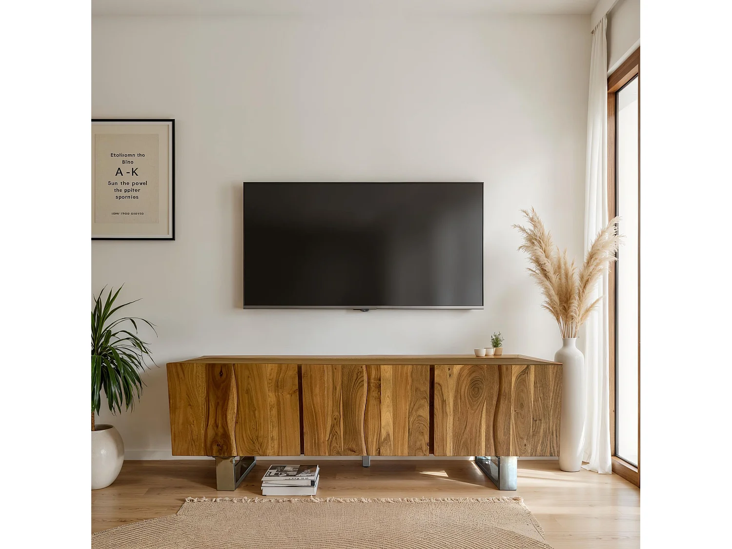 Lowboard Bois Massif Acacia Pieds Métal Meuble TV Buffet Bas Moderne