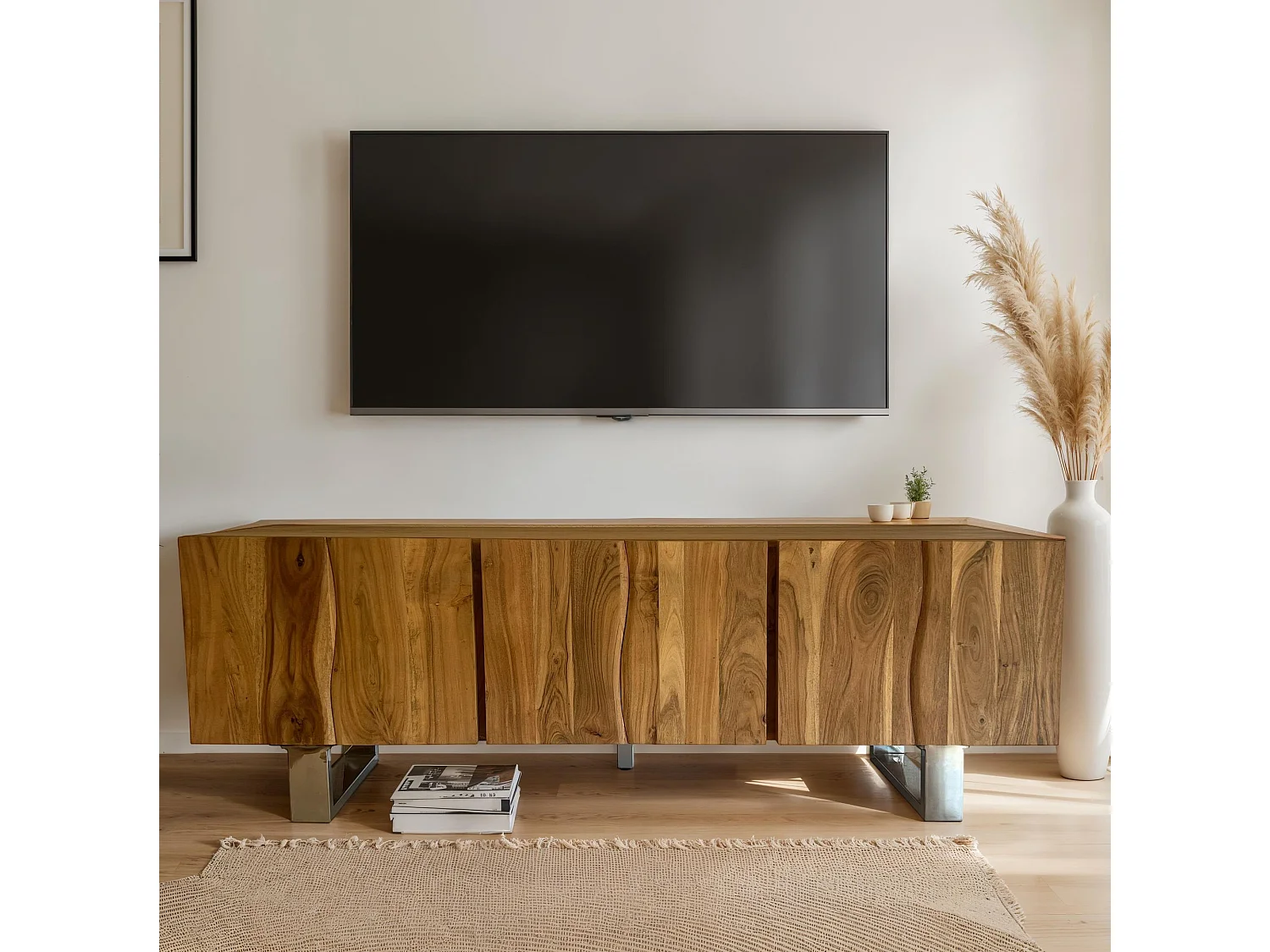 Lowboard Bois Massif Acacia Pieds Métal Meuble TV Buffet Bas Moderne