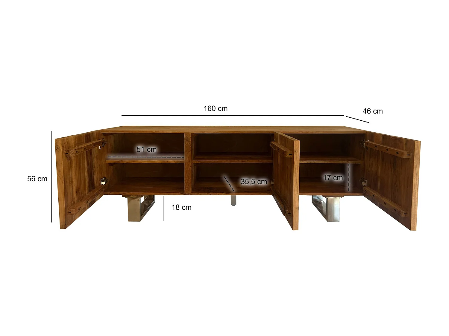 Lowboard Bois Massif Acacia Pieds Métal Meuble TV Buffet Bas Moderne
