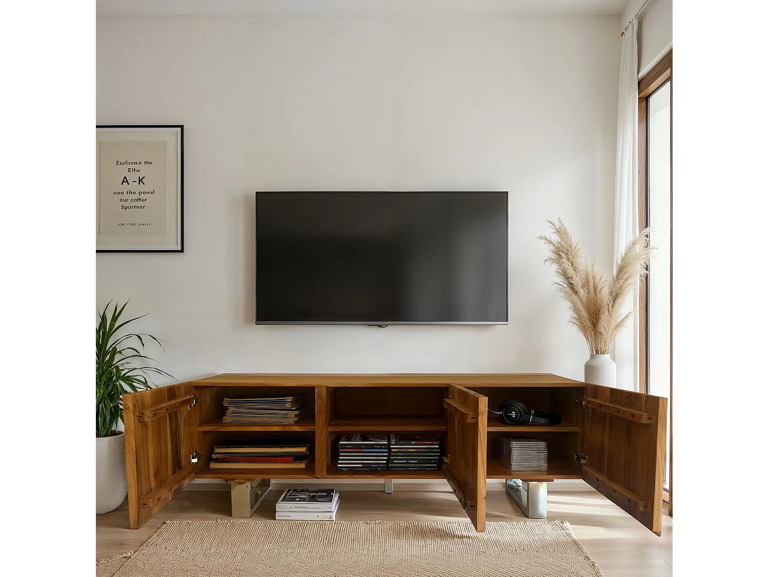 Lowboard Bois Massif Acacia Pieds Métal Meuble TV Buffet Bas Moderne