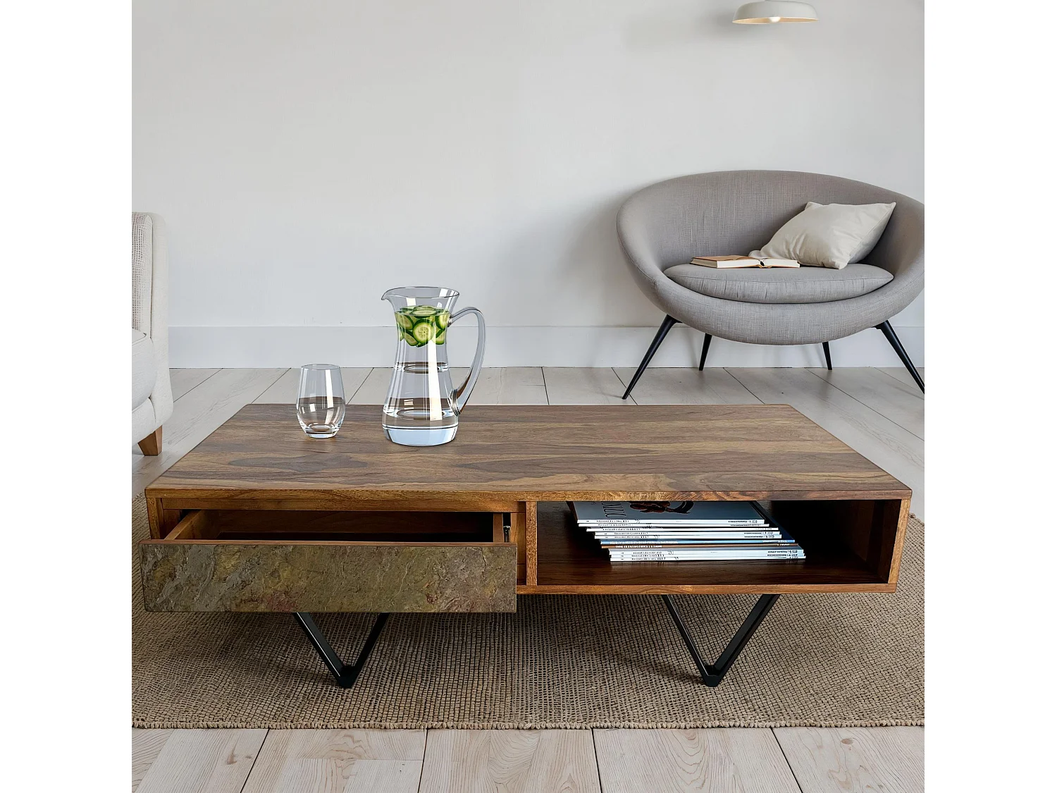 Table Basse Bois Sheesham 115 cm Tiroirs Métal Style Industriel