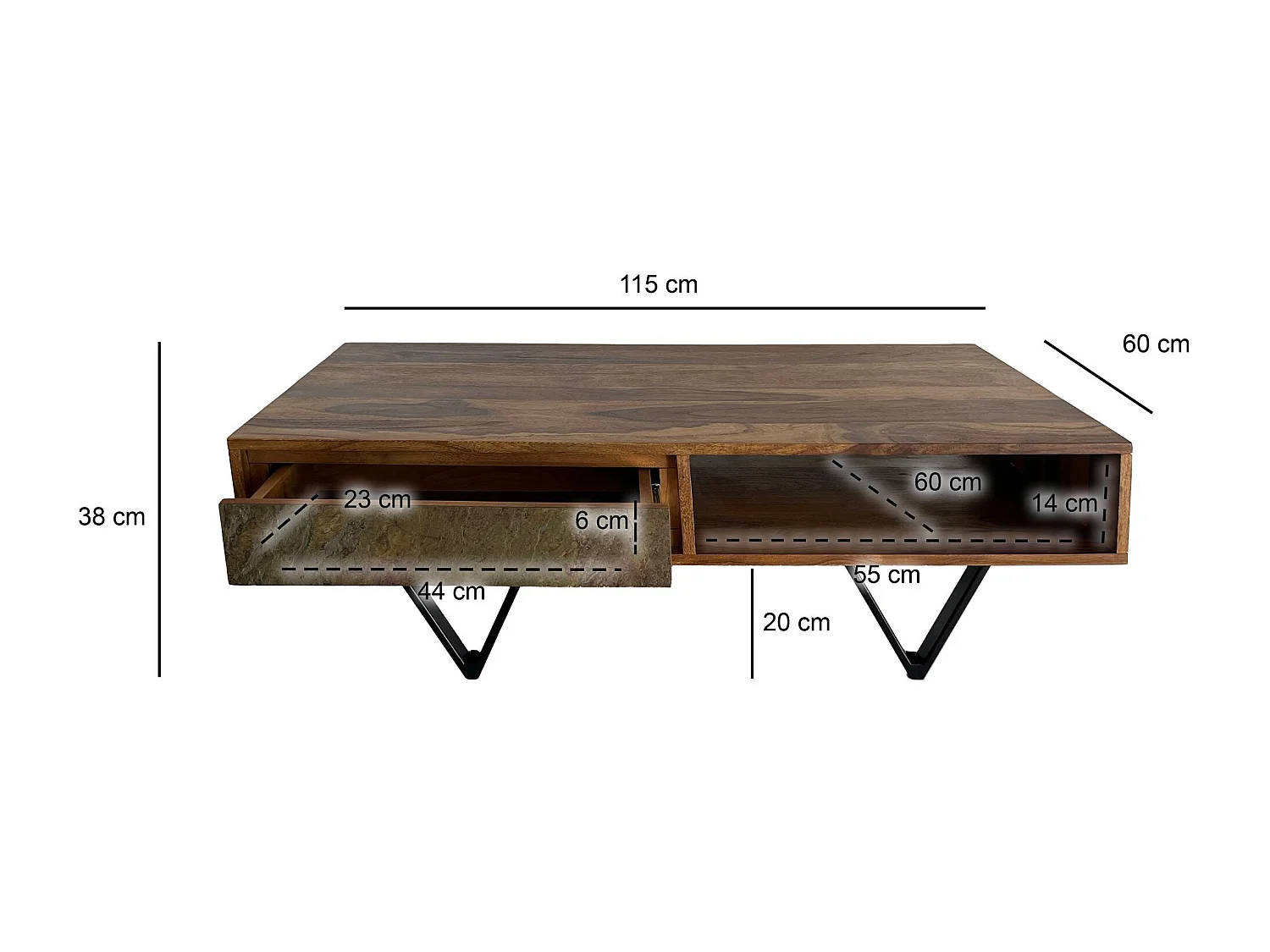 Table Basse Bois Sheesham 115 cm Tiroirs Métal Style Industriel