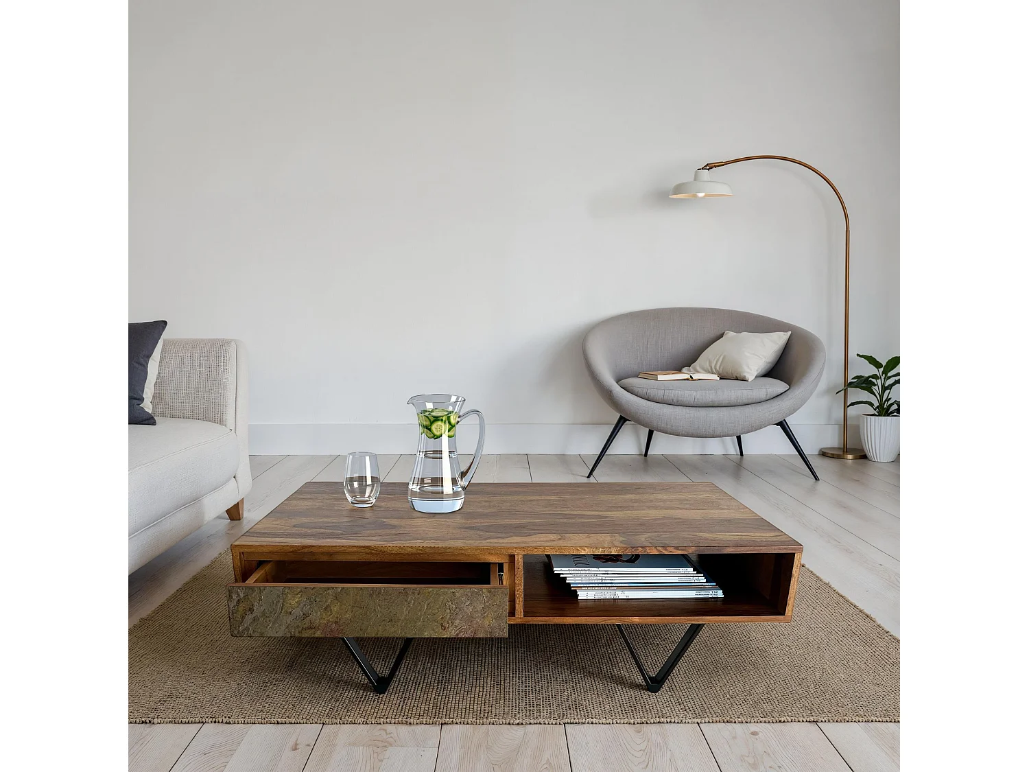 Table Basse Bois Sheesham 115 cm Tiroirs Métal Style Industriel