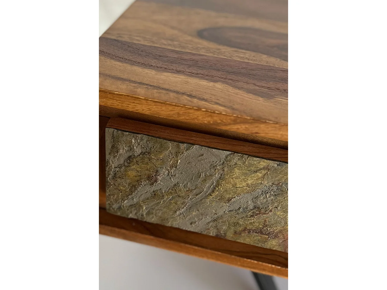 Table Basse Bois Sheesham 115 cm Tiroirs Métal Style Industriel