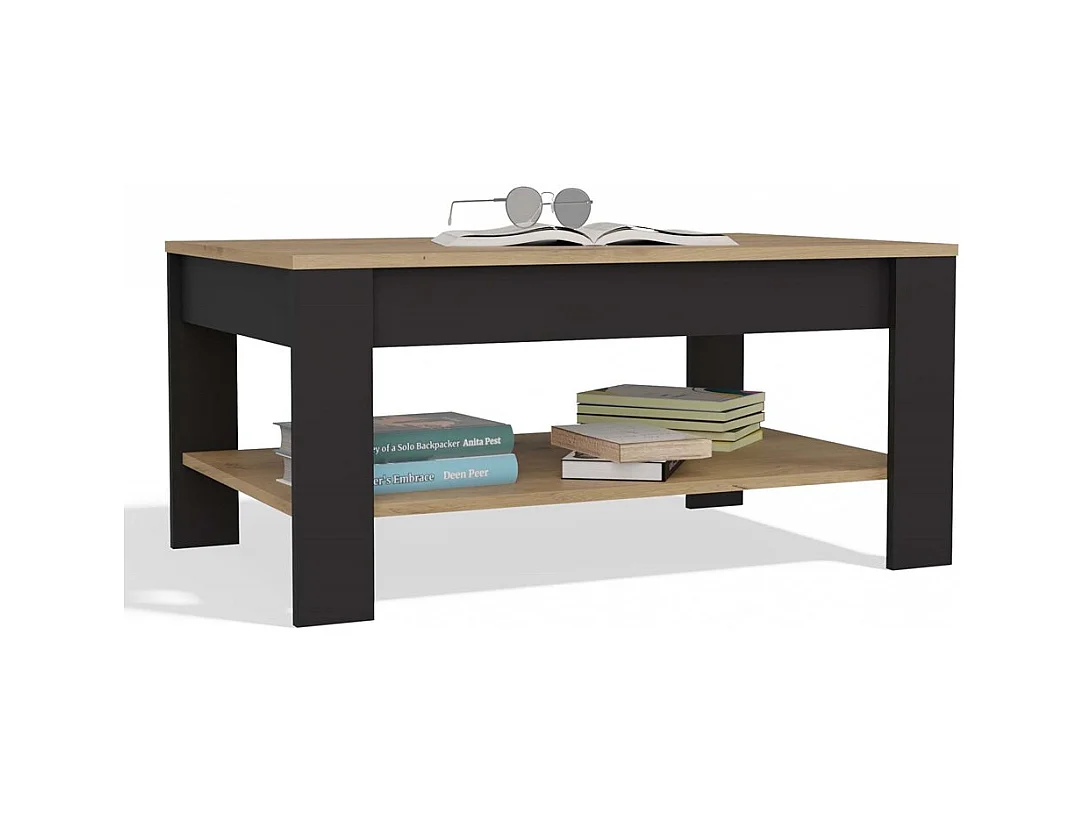 OHIO - Table Basse Chêne Artisan Noir avec Étagère pour Salon 93x58x43,5 cm