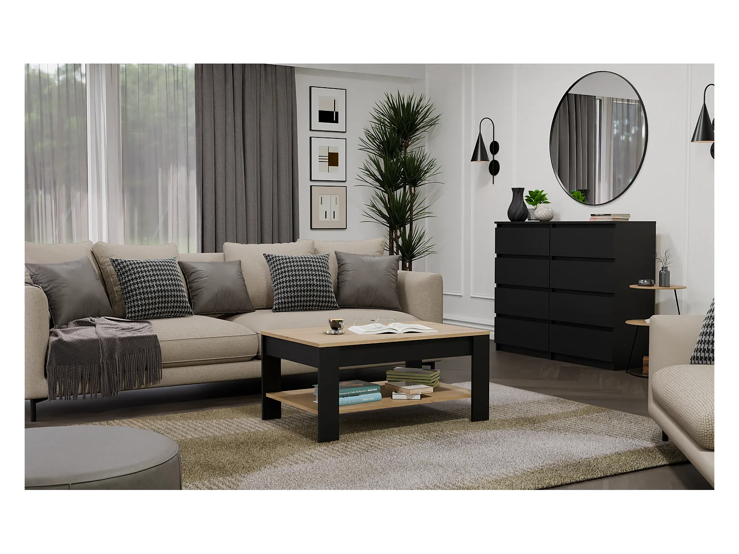 OHIO - Table Basse Chêne Artisan Noir avec Étagère pour Salon 93x58x43,5 cm