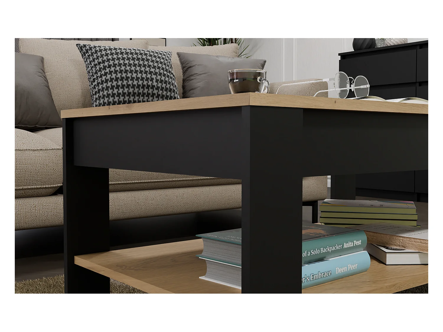 OHIO - Table Basse Chêne Artisan Noir avec Étagère pour Salon 93x58x43,5 cm