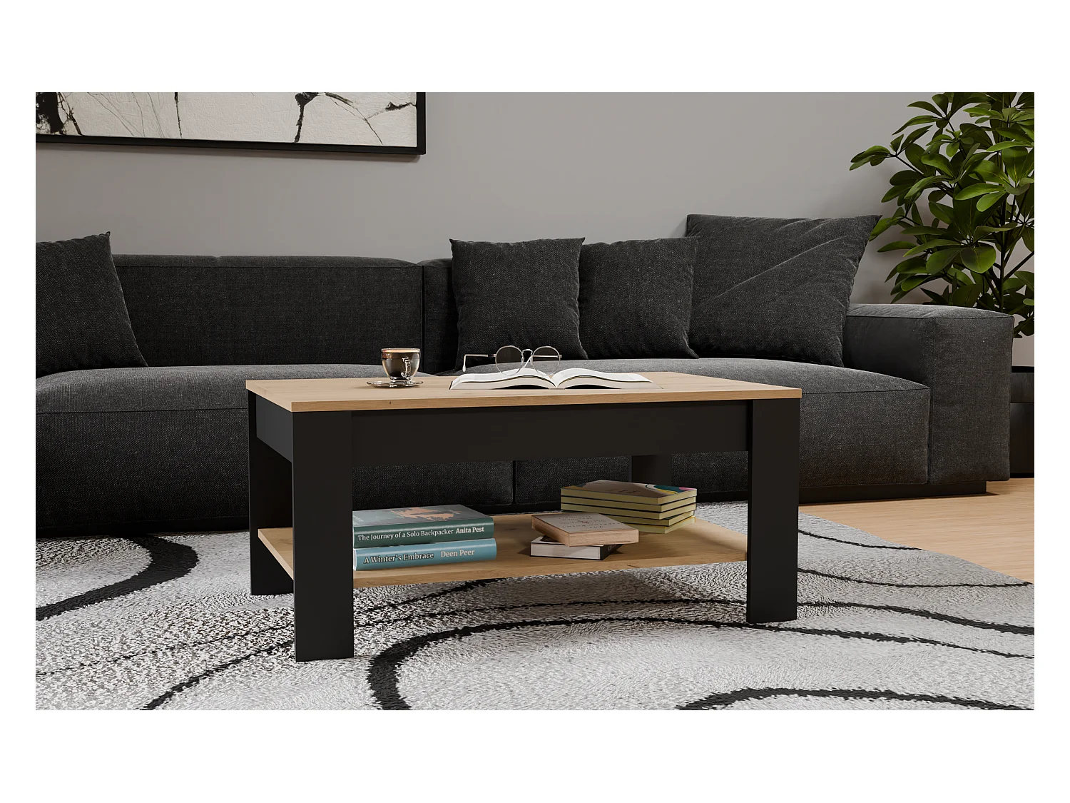 OHIO - Table Basse Chêne Artisan Noir avec Étagère pour Salon 93x58x43,5 cm
