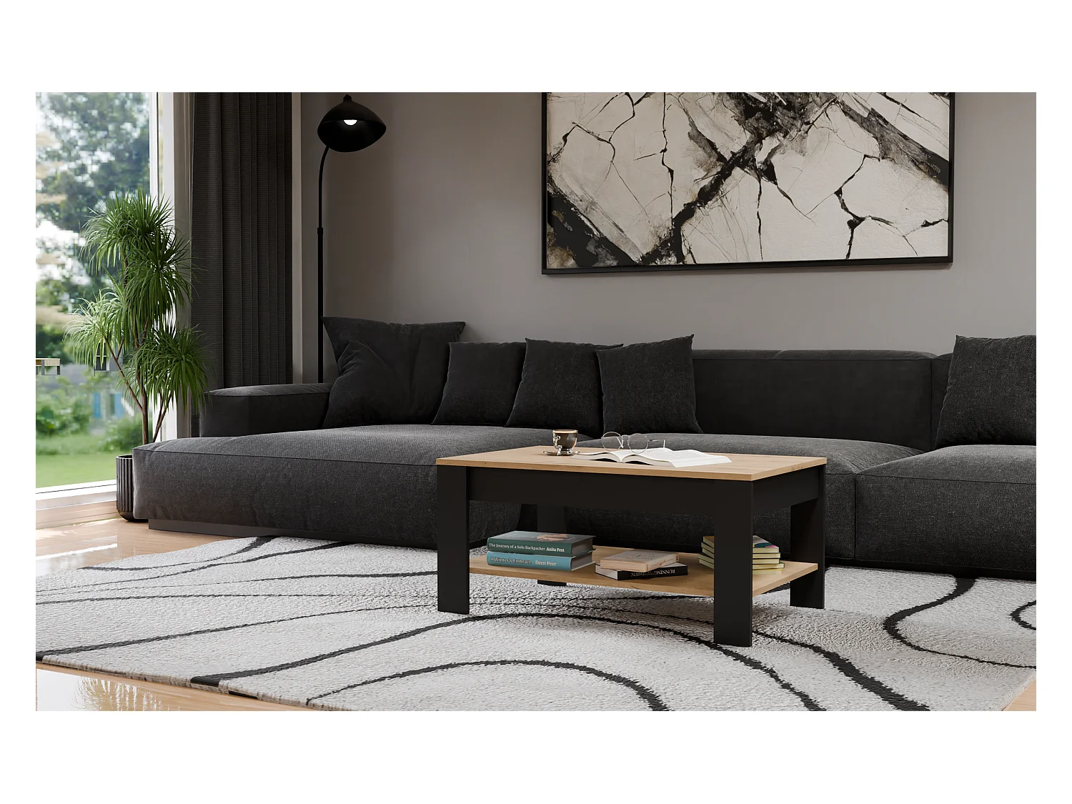 OHIO - Table Basse Chêne Artisan Noir avec Étagère pour Salon 93x58x43,5 cm