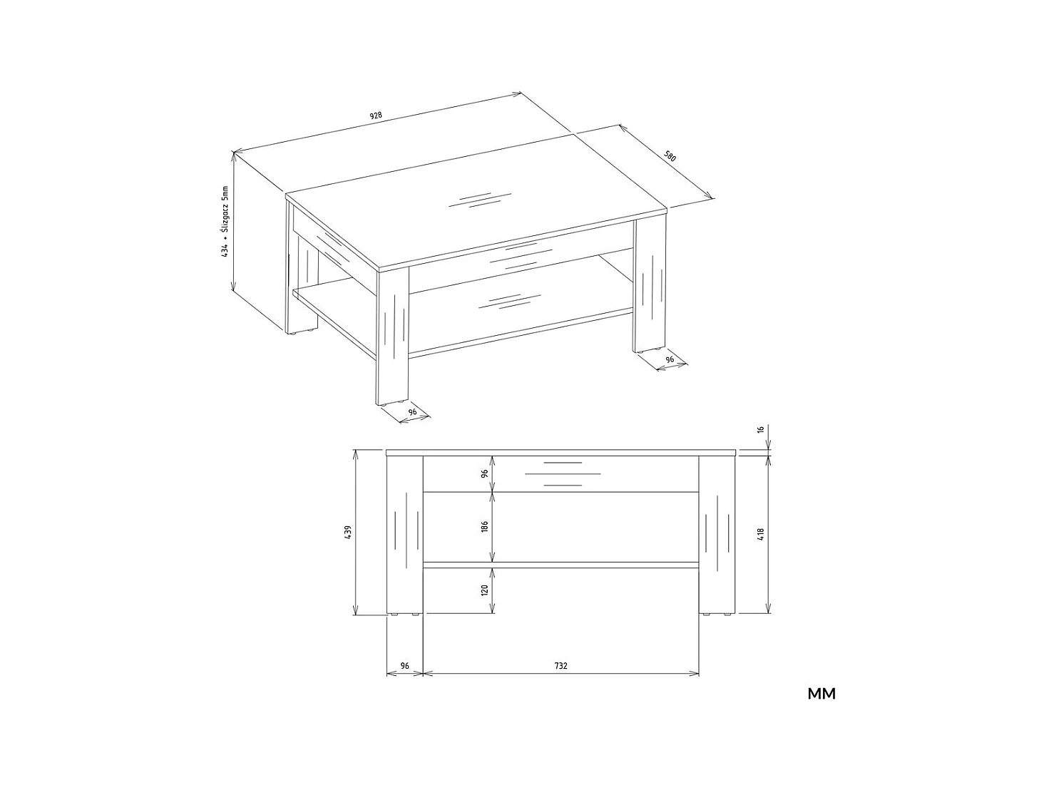 OHIO - Table Basse Chêne Artisan Noir avec Étagère pour Salon 93x58x43,5 cm