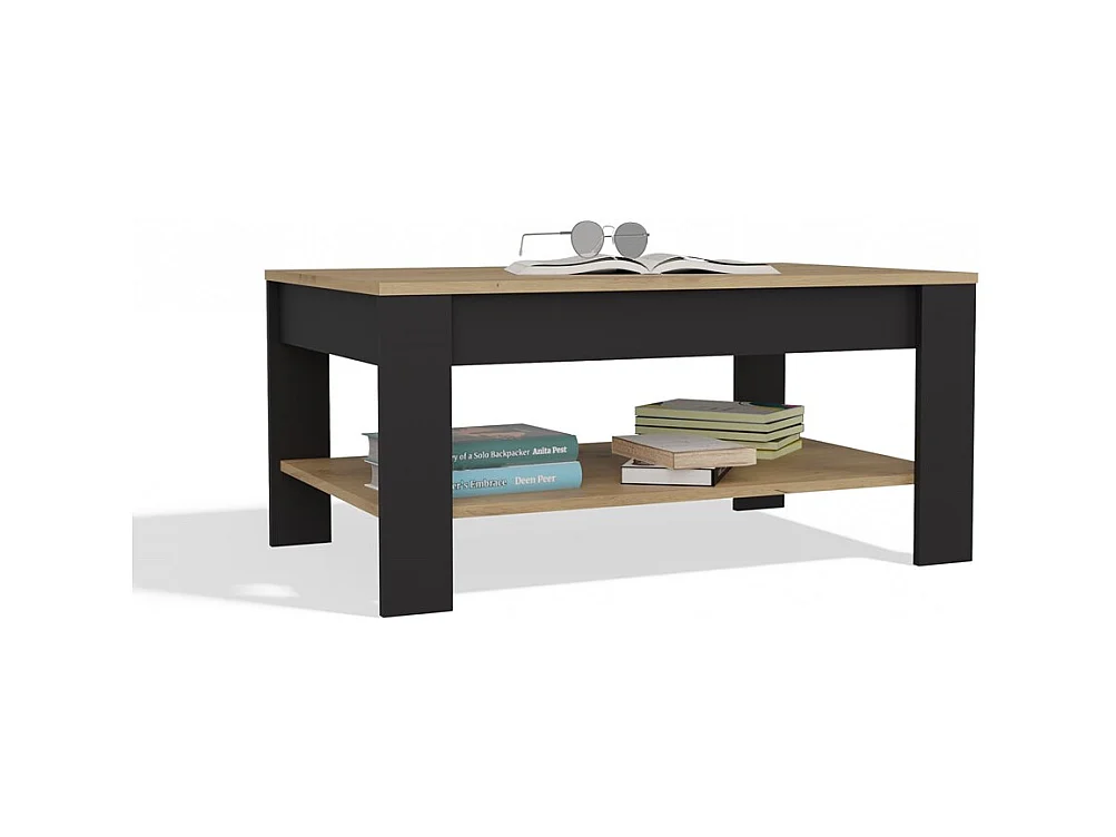 OHIO - Table Basse Chêne Artisan Noir avec Étagère pour Salon 93x58x43,5 cm