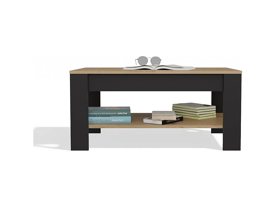 OHIO - Table Basse Chêne Artisan Noir avec Étagère pour Salon 93x58x43,5 cm