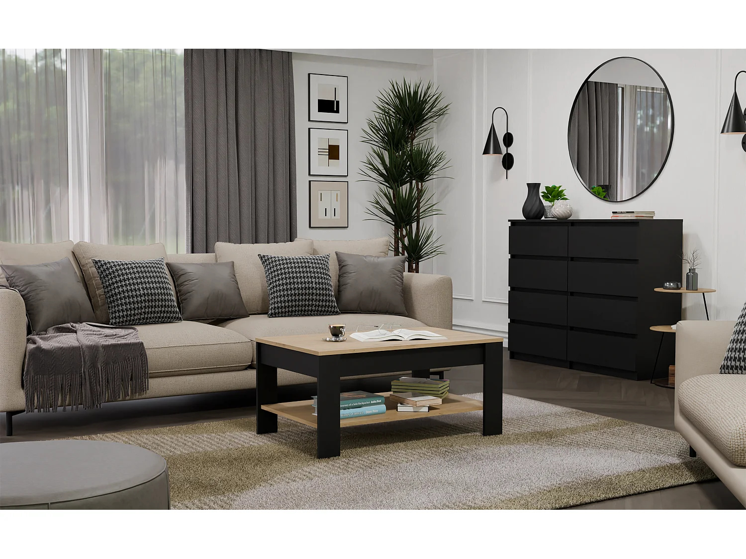 OHIO - Table Basse Chêne Artisan Noir avec Étagère pour Salon 93x58x43,5 cm