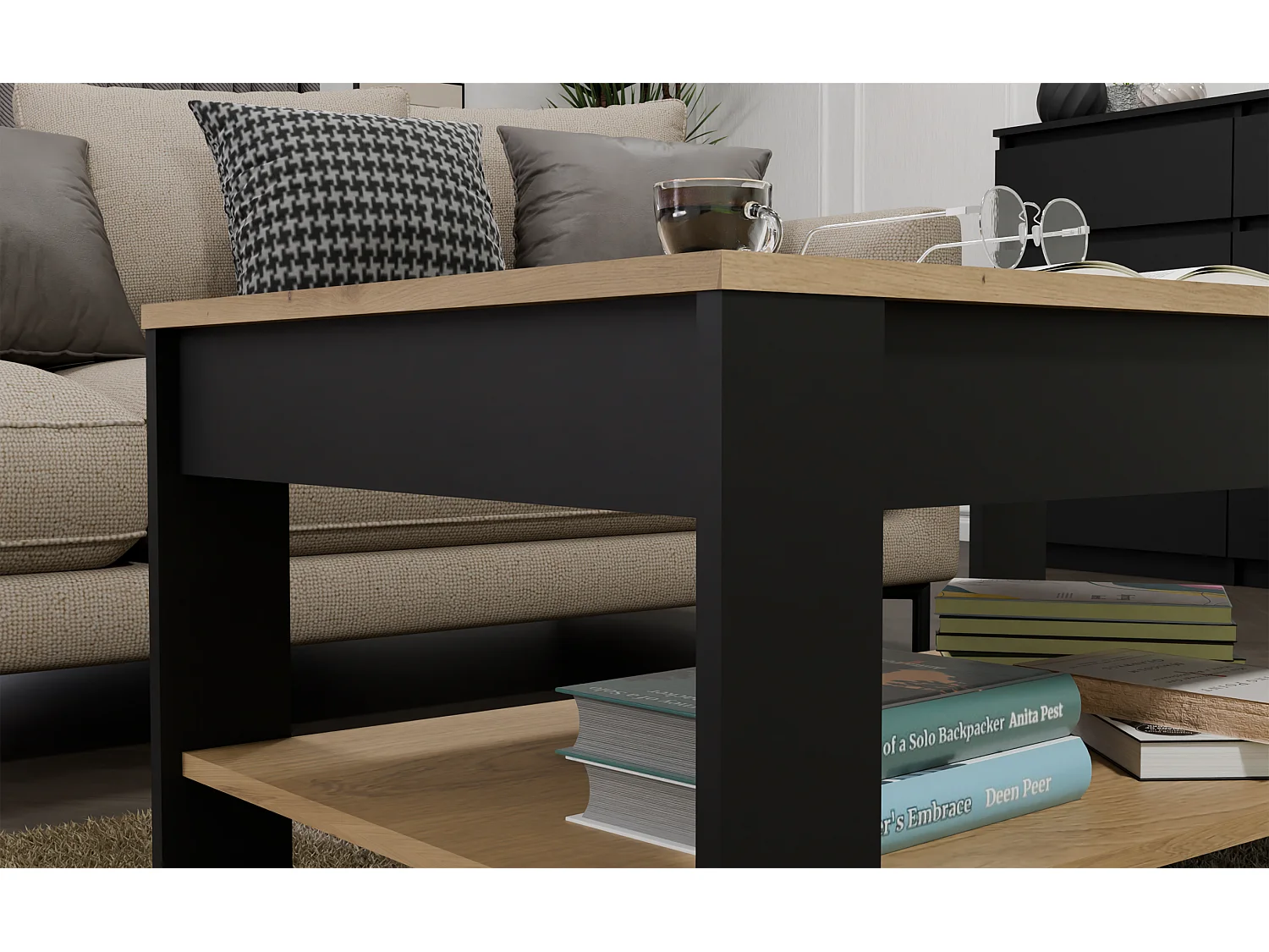 OHIO - Table Basse Chêne Artisan Noir avec Étagère pour Salon 93x58x43,5 cm