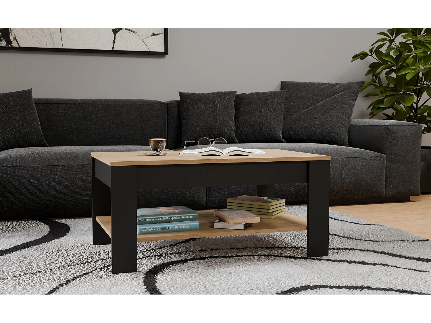 OHIO - Table Basse Chêne Artisan Noir avec Étagère pour Salon 93x58x43,5 cm