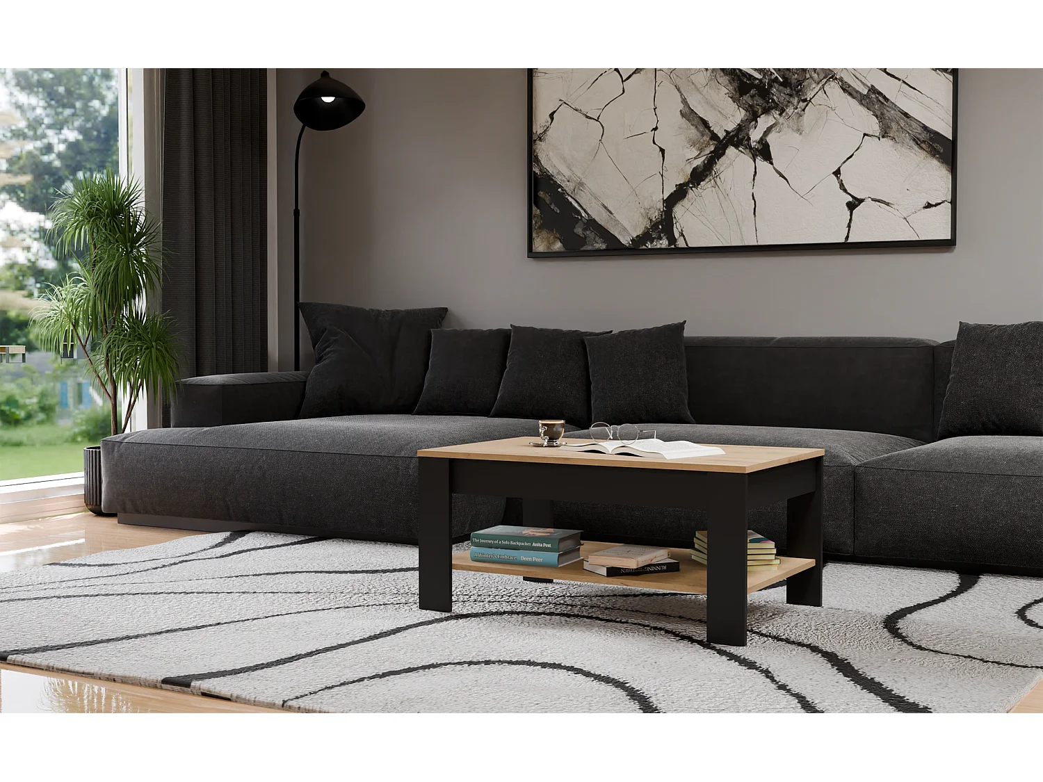 OHIO - Table Basse Chêne Artisan Noir avec Étagère pour Salon 93x58x43,5 cm