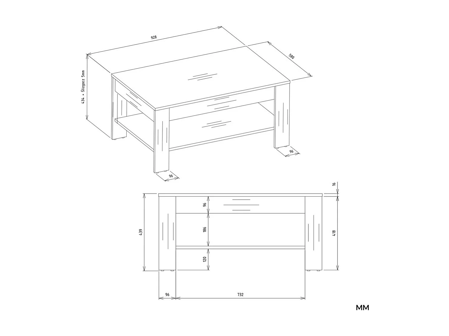 OHIO - Table Basse Chêne Artisan Noir avec Étagère pour Salon 93x58x43,5 cm