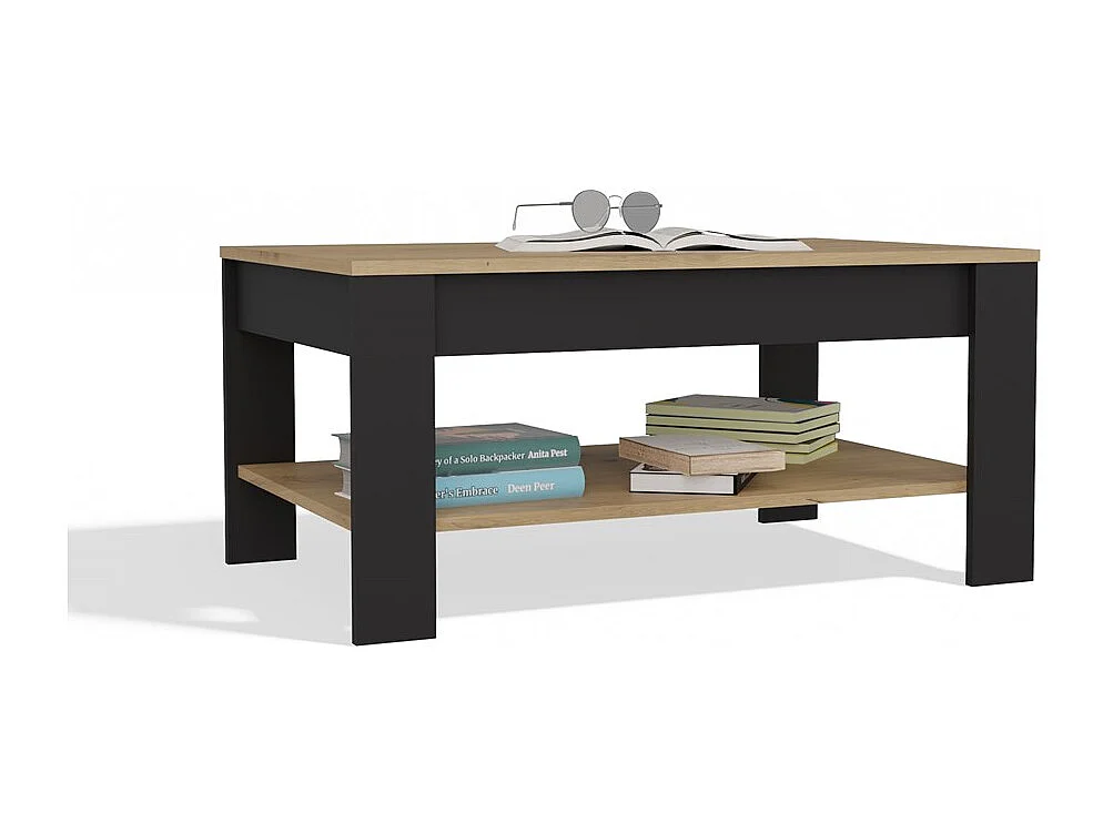OHIO - Table Basse Chêne Artisan Noir avec Étagère pour Salon 93x58x43,5 cm