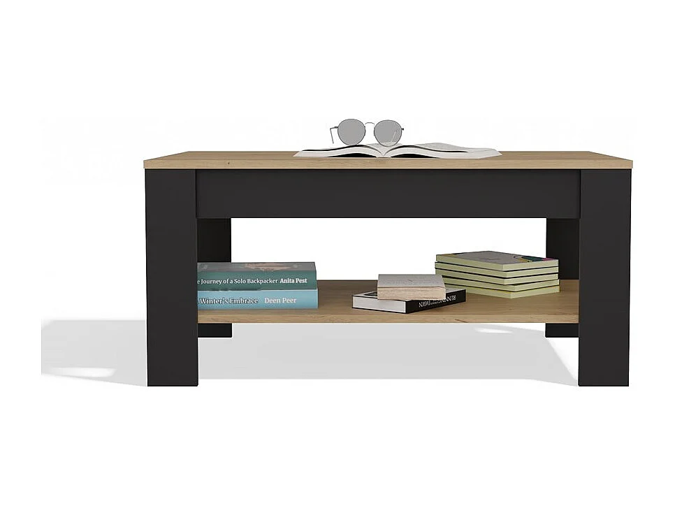 OHIO - Table Basse Chêne Artisan Noir avec Étagère pour Salon 93x58x43,5 cm