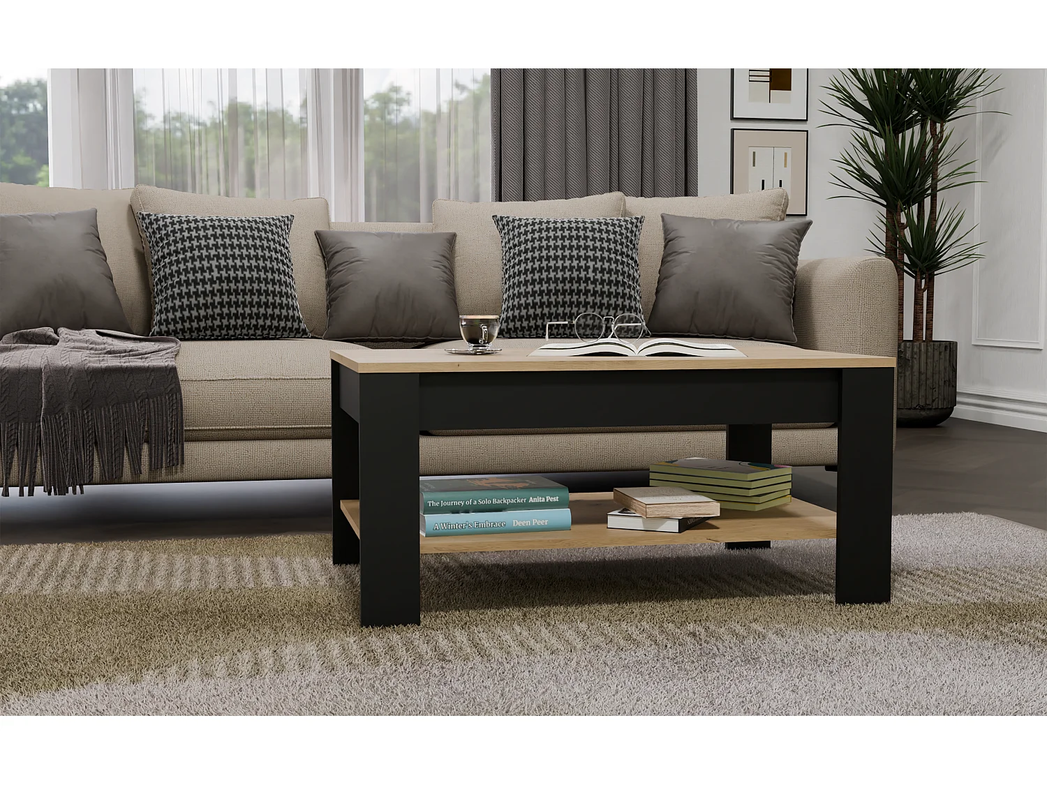 OHIO - Table Basse Chêne Artisan Noir avec Étagère pour Salon 93x58x43,5 cm